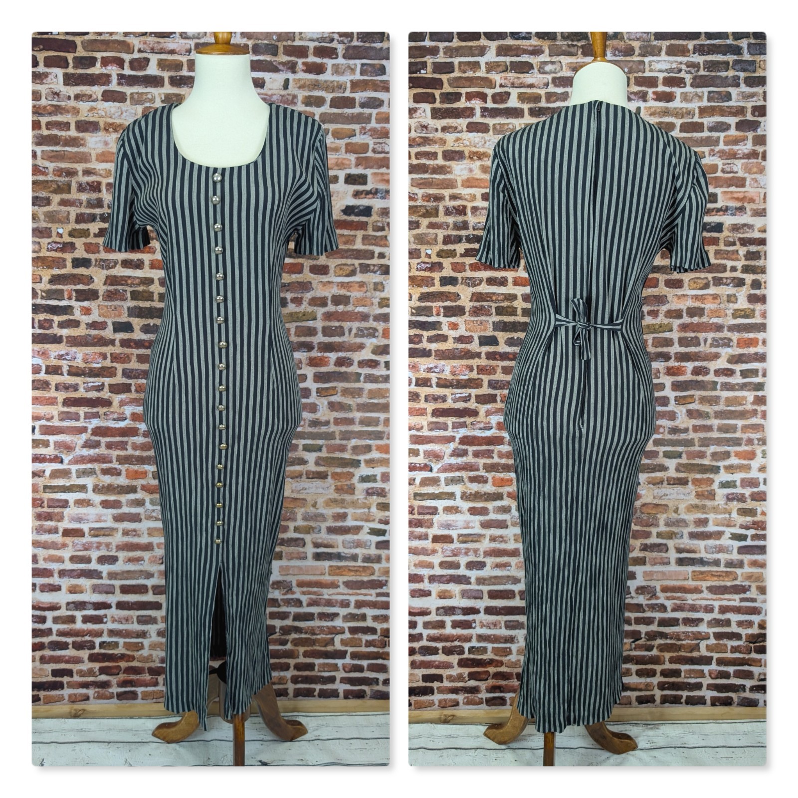 Vintage Long Slit Wiggle Dress 90’s Y2k Striped Button Maxi Size 5 6 Small Gray