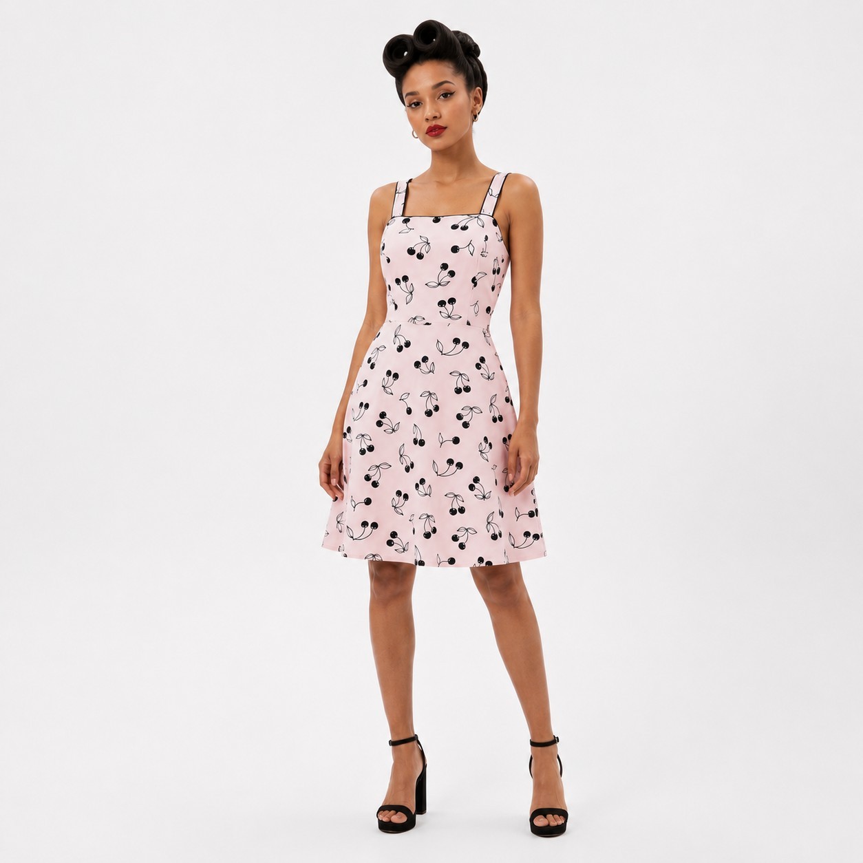 Vintage 90s Pink Cherry Print Dress Sz 12 Black Rockabilly Pinup Twee Retro