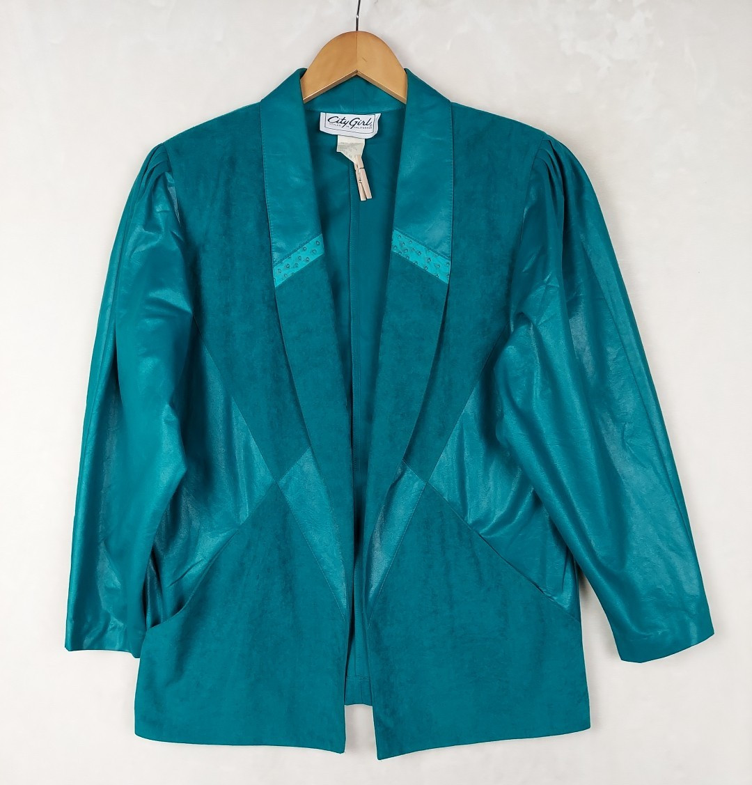 Vintage City Girl Blazer Jacket Womens 10 Teal Green Shoulder Pads Pockets Rodeo