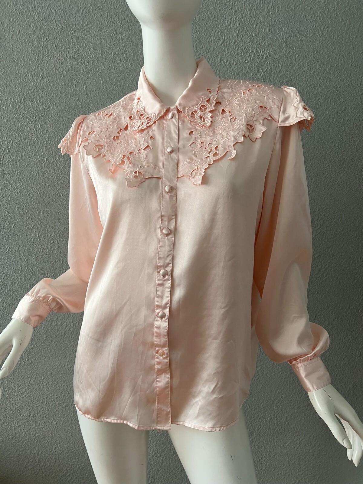 Vintage Light Pink Silky Liquid Satin Button Secretary Blouse Top M
