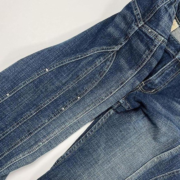 Vintage Y2K Flared Crest Jeans with Rhinestone and Side Seam Embellishments