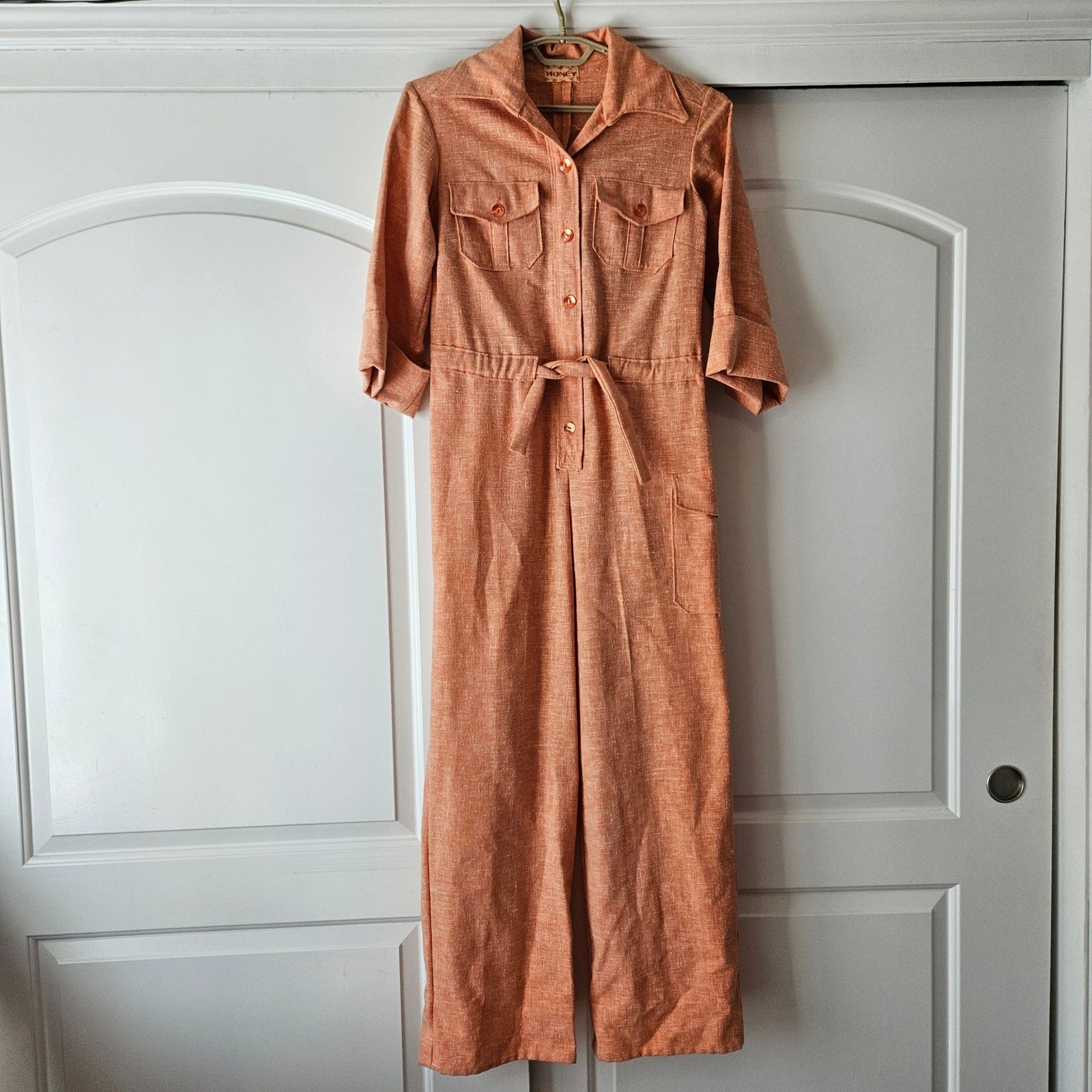 Honey Orange Textured Belted Jumpsuit Size Small Retro 70s 50s Disco Utility