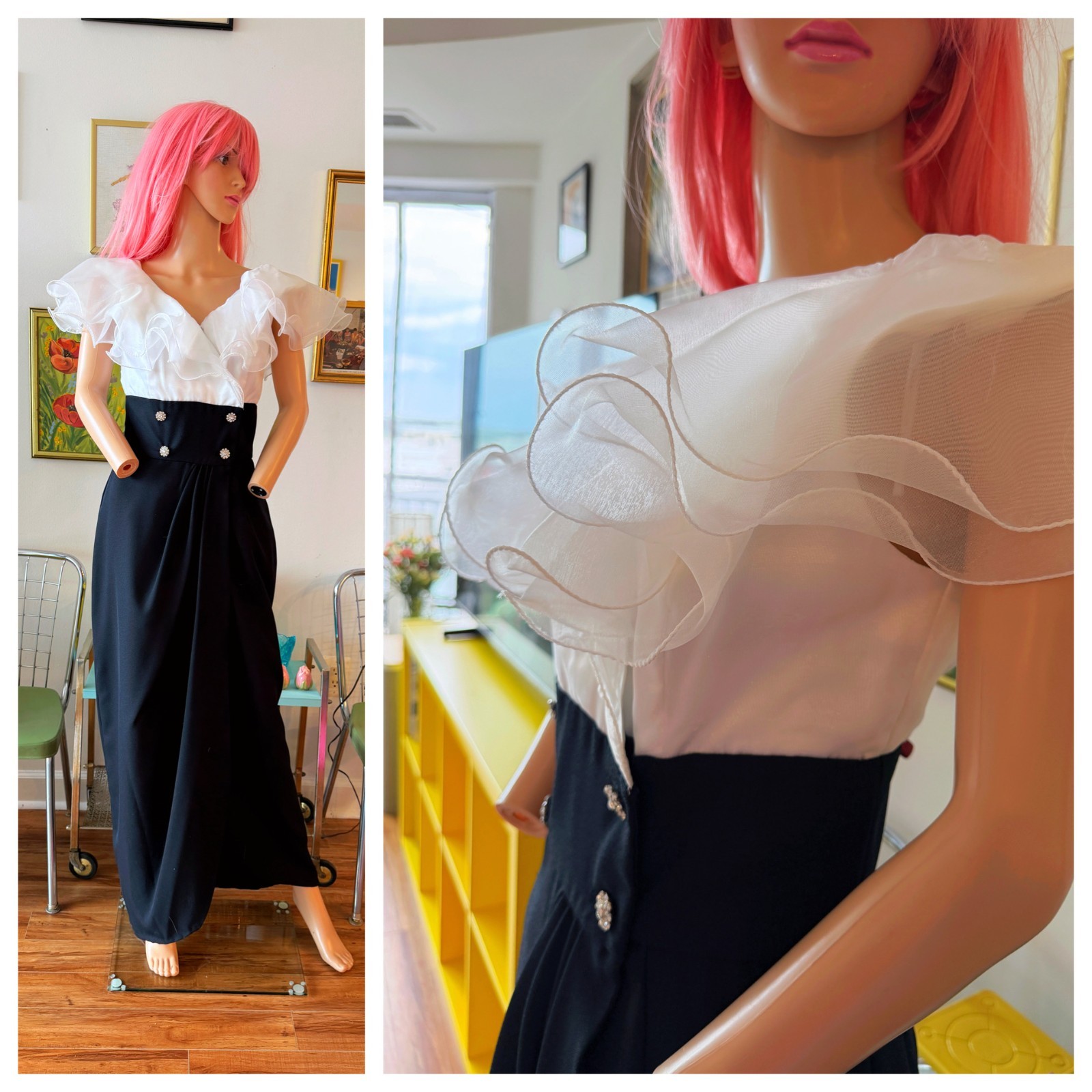 🎹 Vtg 80s Trophy Dynasty Glam Ruffle Tuxedo Cummerbund Maxi Party Dress M