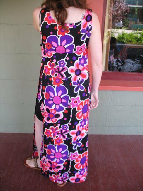 VTG 60s 70s Long Dress Slit Side Top Mod Hippie Festival Pop Floral Graphic S/M