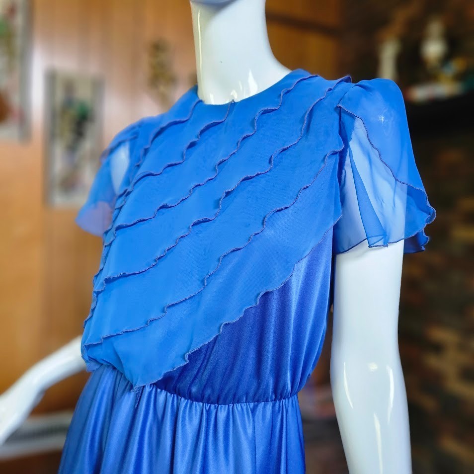 Vtg 80s Disco Liquid Jersey Chiffon Flutter Sleeves Sweeping Dancing Skirt S/M