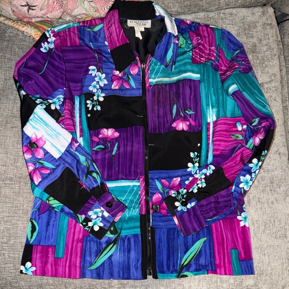 Vintage Floral Patchwork Bomber Jacket in Purple, Teal & Black