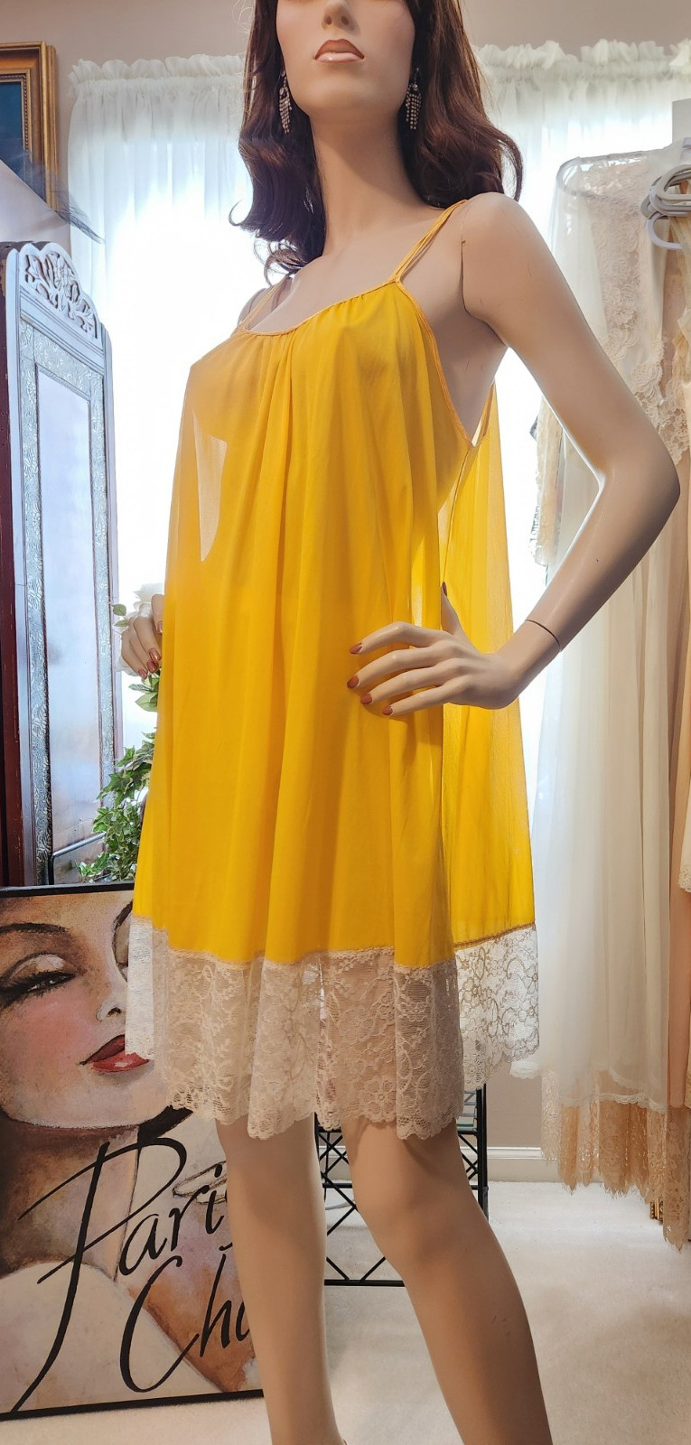 Vtg 60s Rare Van Raalte Mustard Yellow Nylon Babydoll Lace Hem Nightgown