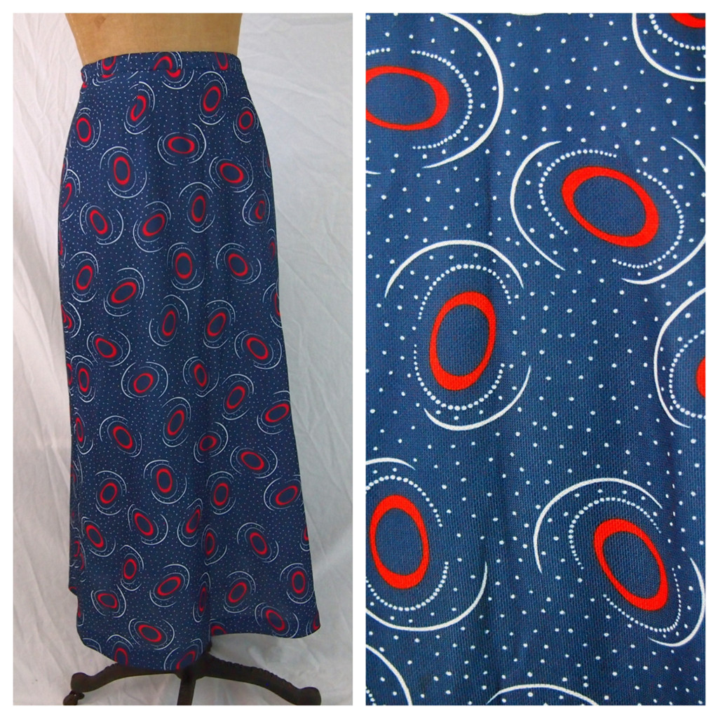 Vintage 60s 70s Mod Psychedelic Polka Dot Retro Blue Poly Maxi Skirt Hippie S