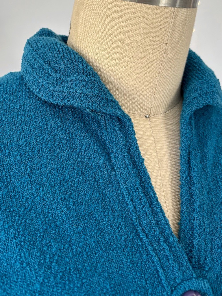 Vtg 40s 50s Knit Set Cardigan Sweater Skirt Teal Blue Chenille Wool Size S/M