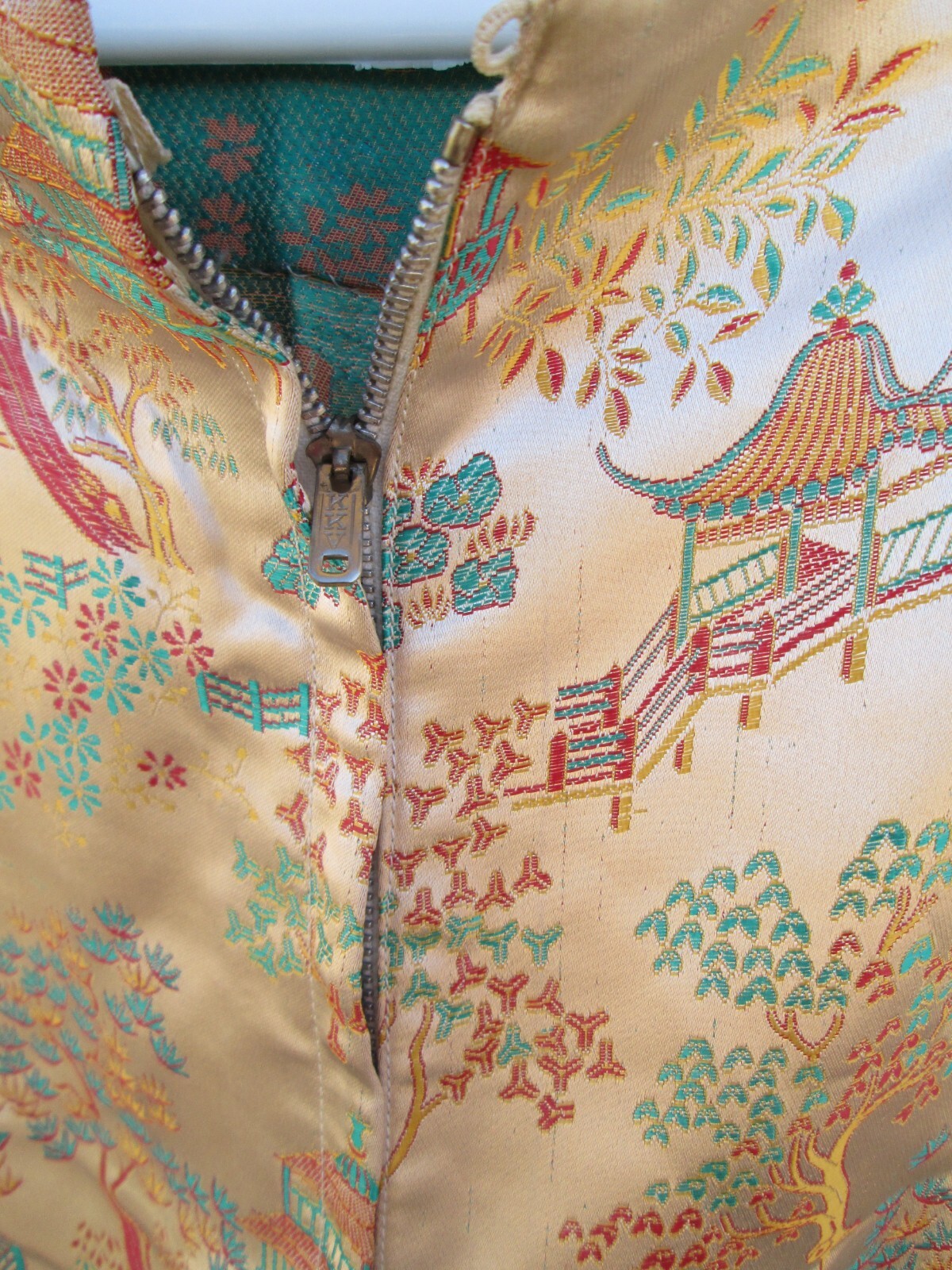 Asian Silky Cocktail Dress Peach Red Yellow Turquoise Blue Landscape Vintage