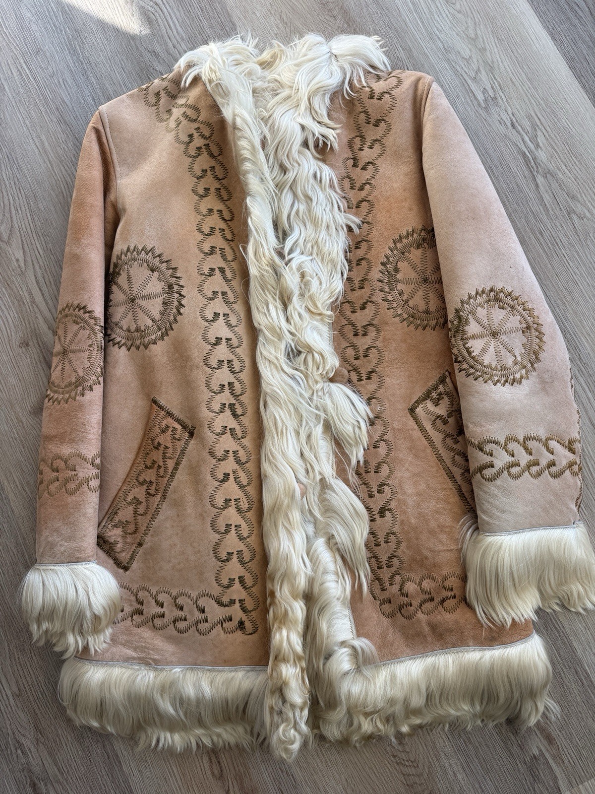 Vintage 1970s Shearling Suede Embroidered Afghan Coat Beige Cream