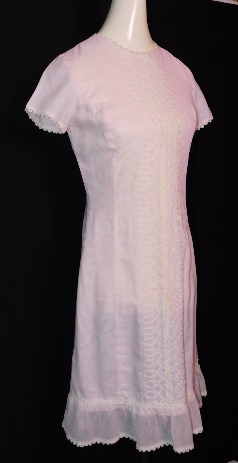 Vintage 1960s Minx Modes Sheer Cotton Pink Shift Dress Lace Trim