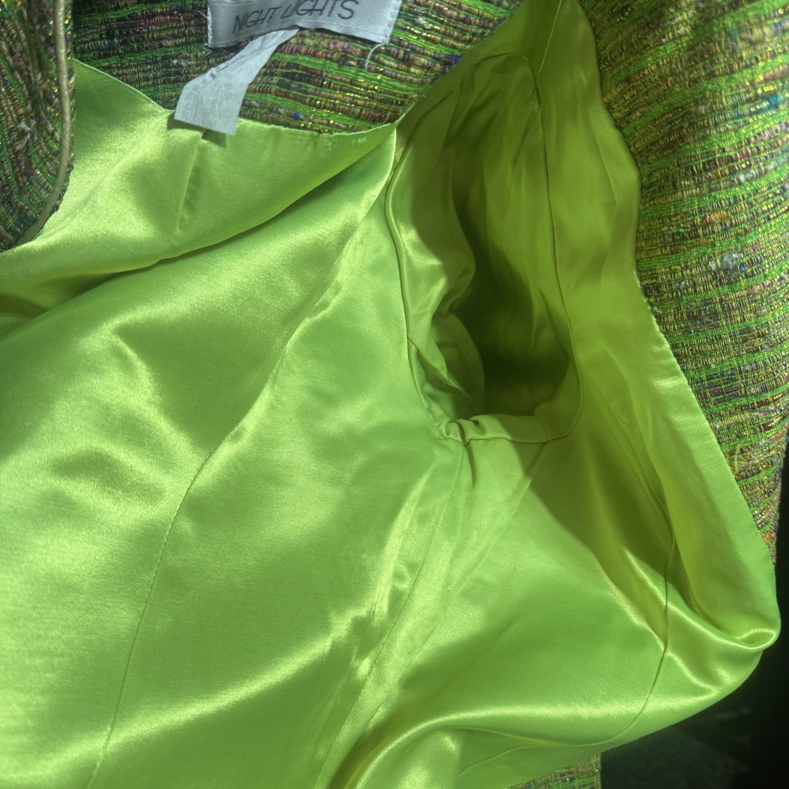 Vintage Nightlights Jacket Silk Blend Open Front Blazer metallic lime green 14