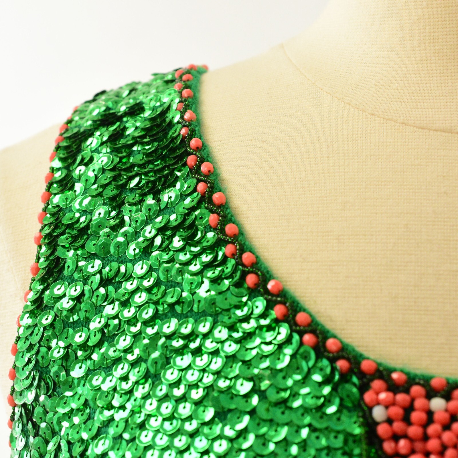 50s Vintage Beaded Sequin Wool Top Womens S Green Coral Rockabilly Cocktail Tank