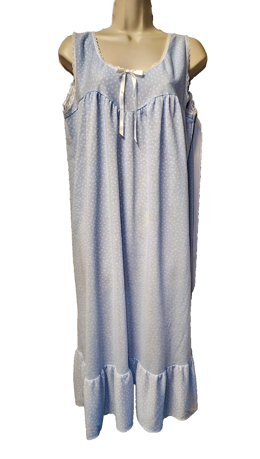 Vintage Nice N Easy Nightgown Women’s L NWT Blue White Polka Dot Lace Trim USA