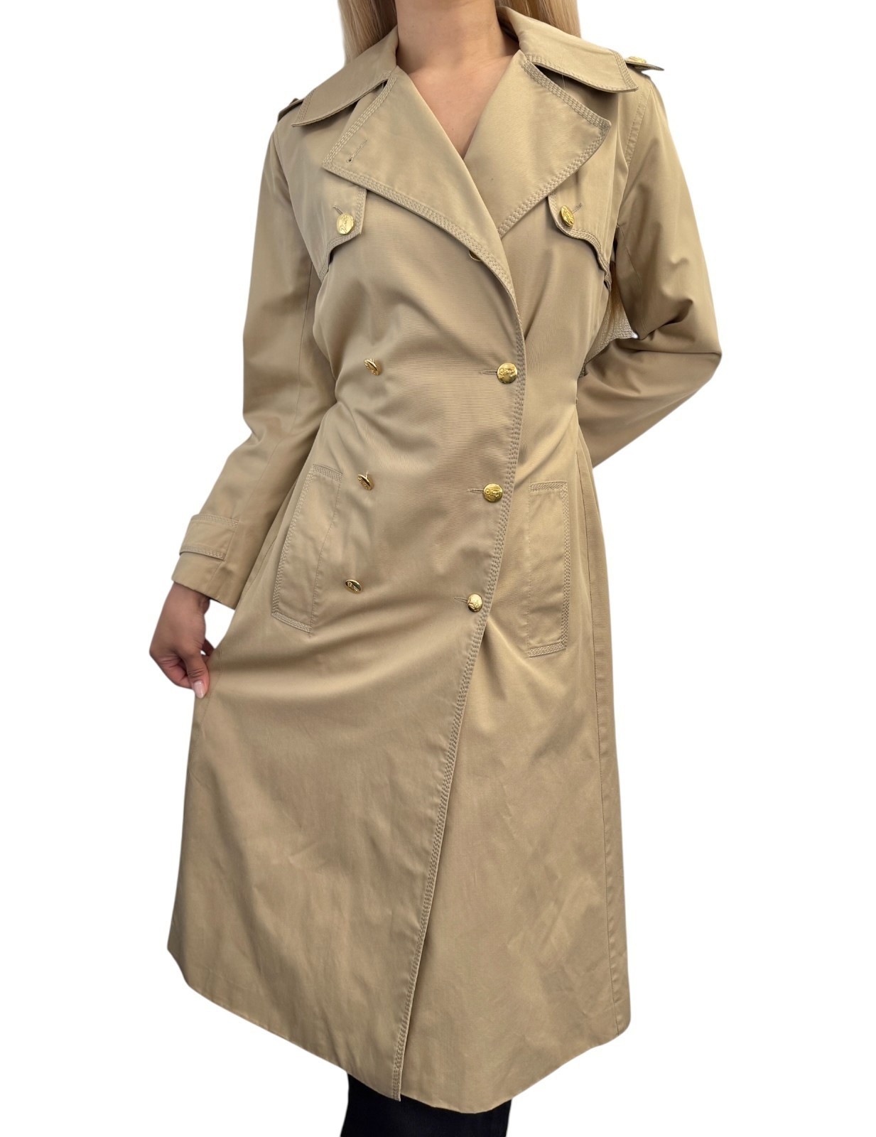 CELINE Vintage Trench Coat Jacket #M Beige Cotton Gold Logo Button