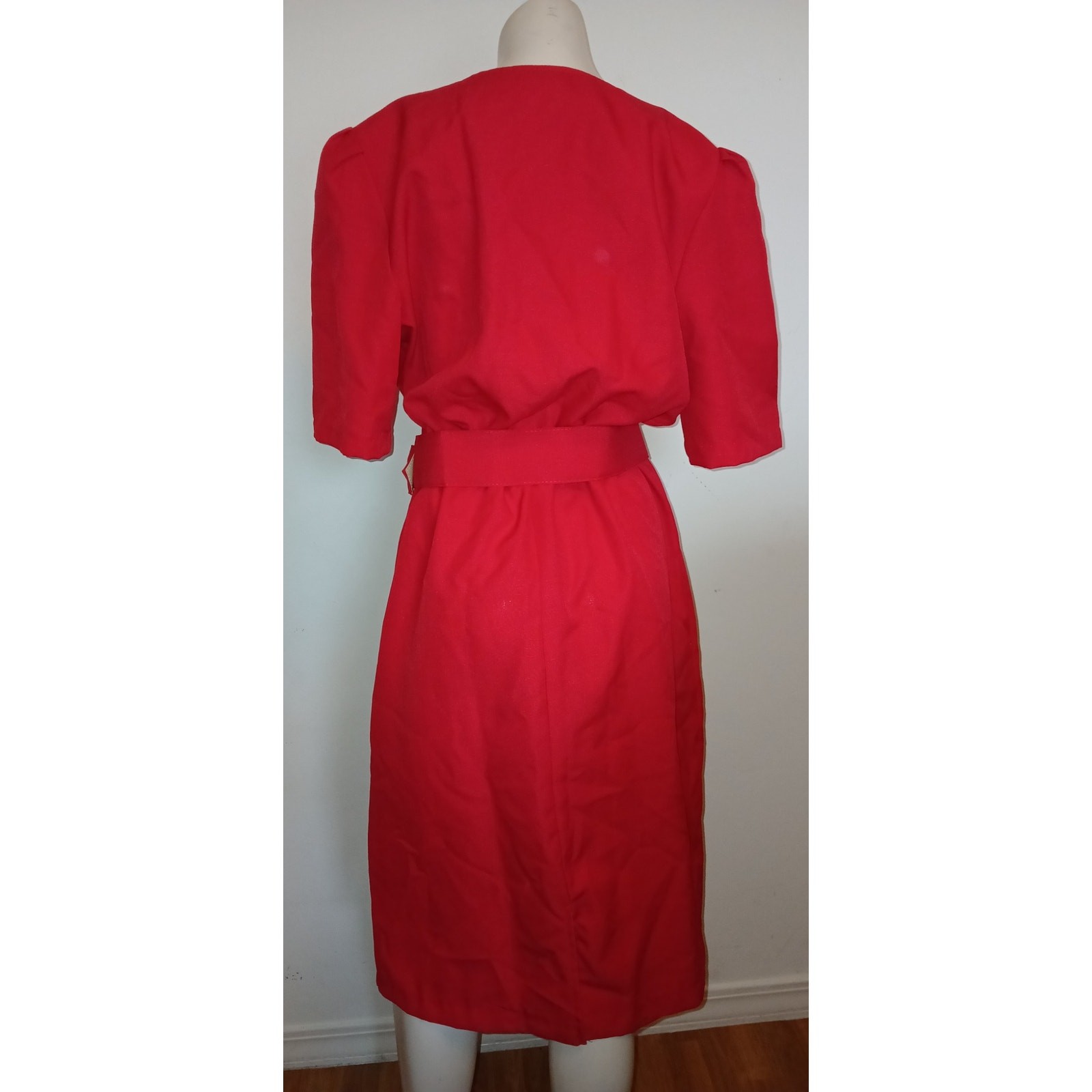 Vintage 1980s Red Square Neckline Belted Dress California Girl Size 18 XL Career