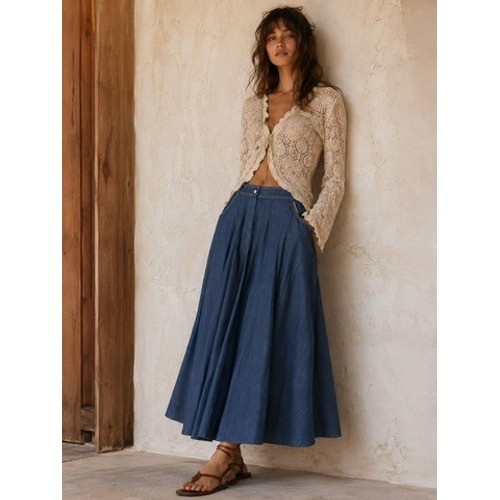 Vintage Panhandle Slim Blue Denim Western Prairie Midi Skirt Womens Size 10 S/M