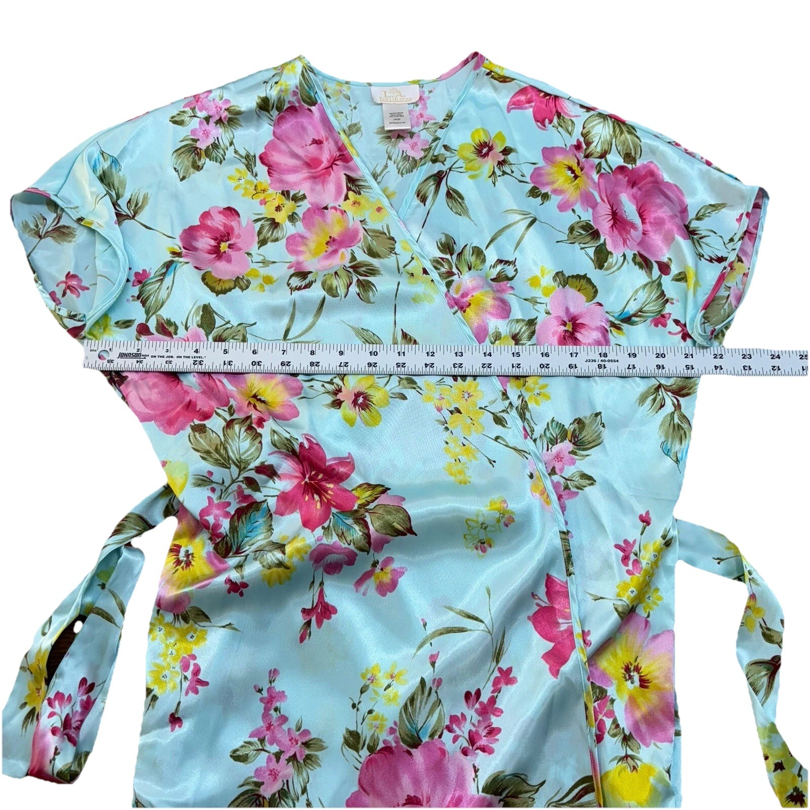 VTG LA Intimates Sz L Robe SS Kimono Wrap Blue Floral Romantic Garden Flowers