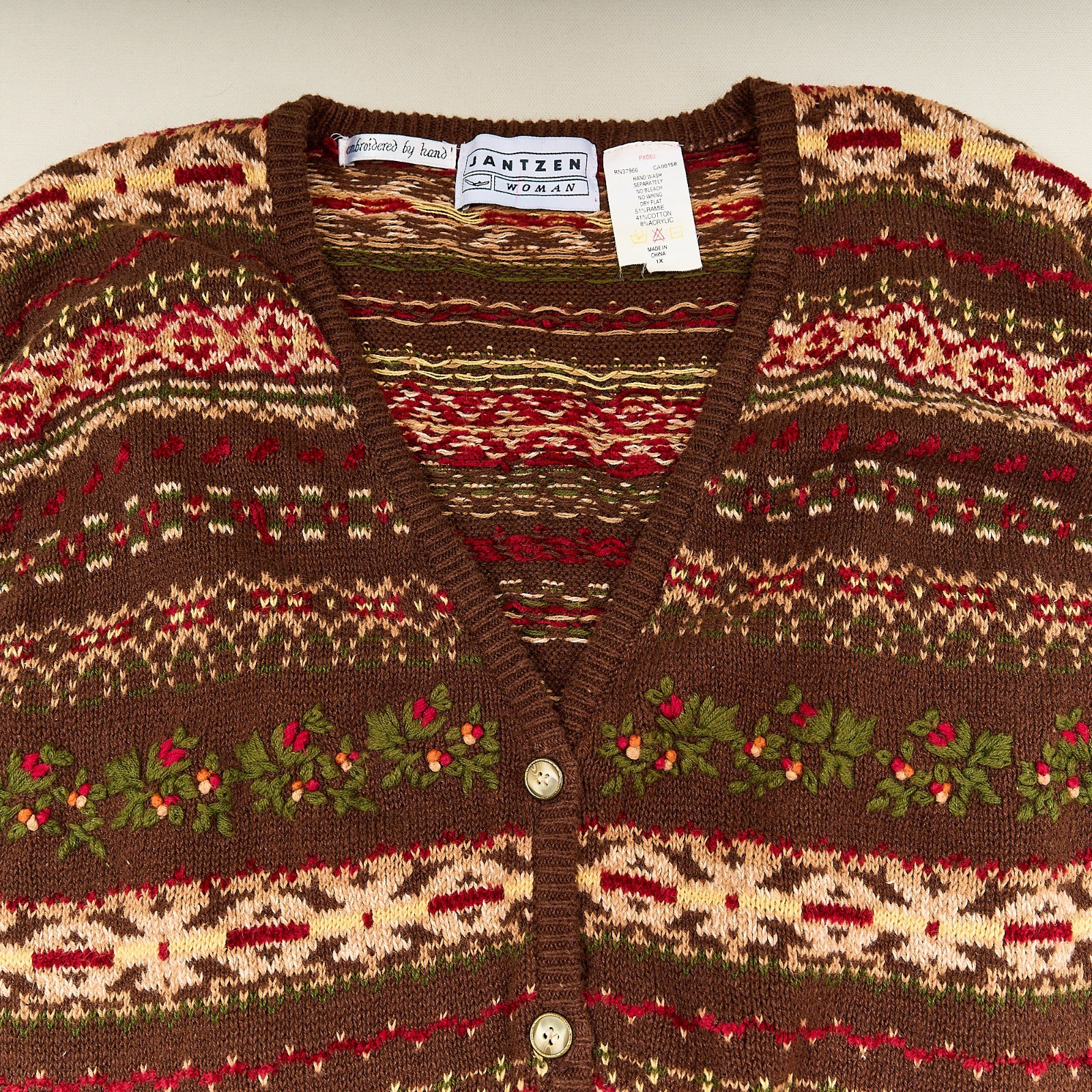 Vintage Jantzen Hand Embroidered Sweater Vest Cotton Ramie Stripes Floral Sz 1X