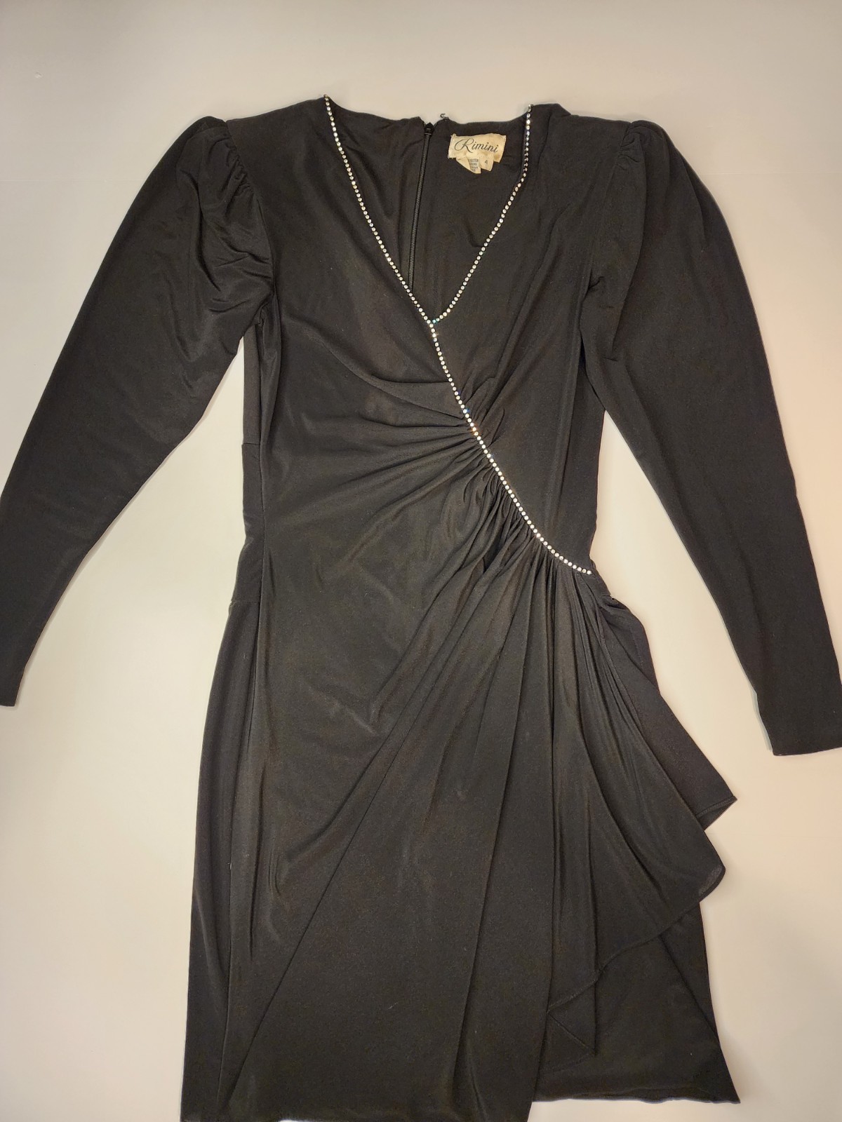 Vintage Rimini Black Whimsigoth Cocktail Dress Rhinestone V-Neck Ruched M/L