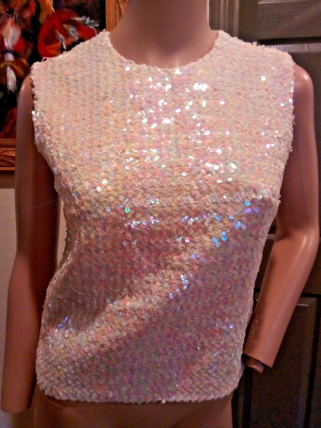 Vtg 50’s Stephen O’Grady White Irridescent Pastel Rainbow Sequin Top BLouse 10