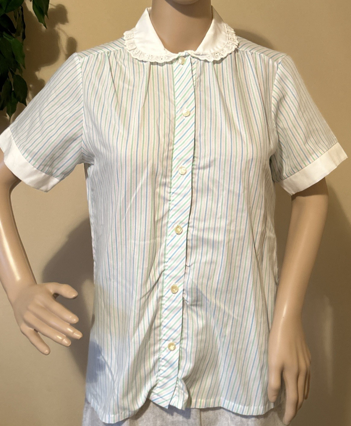 Vintage Lady Holiday Button Up Blouse – Peter Pan Collar – Pink/Blue/Creme ~JJC1