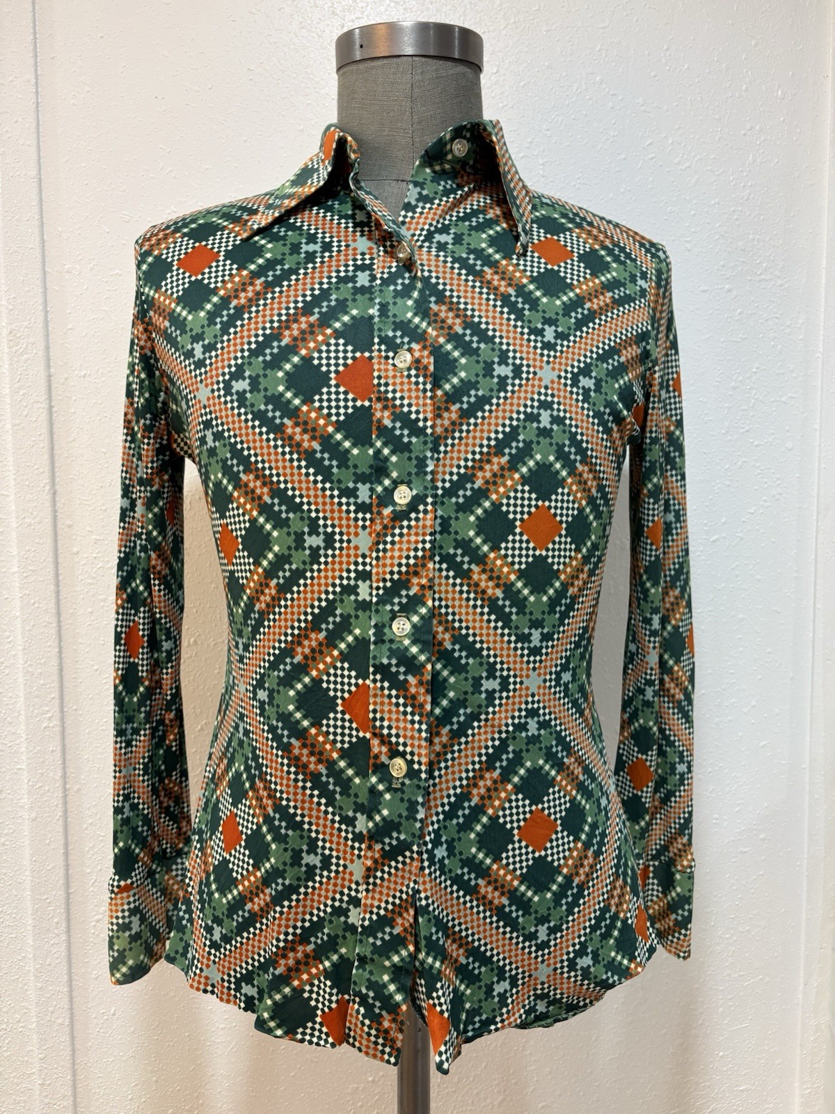 70’s Women Geometric Pointed Collar LS VTG button Down Polyester S No Tag