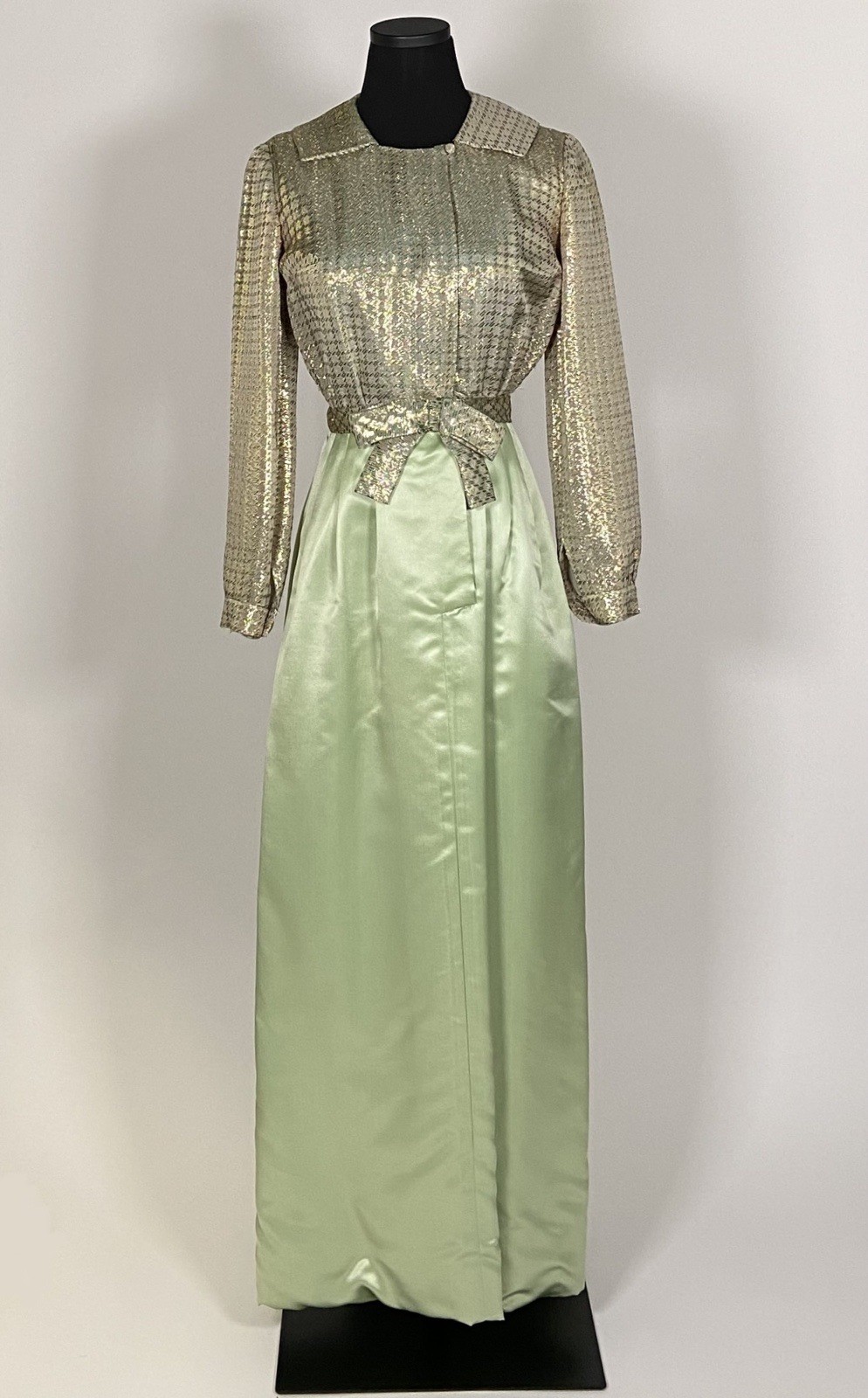 076 1960s Malcolm Starr long sleeve satin gown, pale green, metallic gold size S