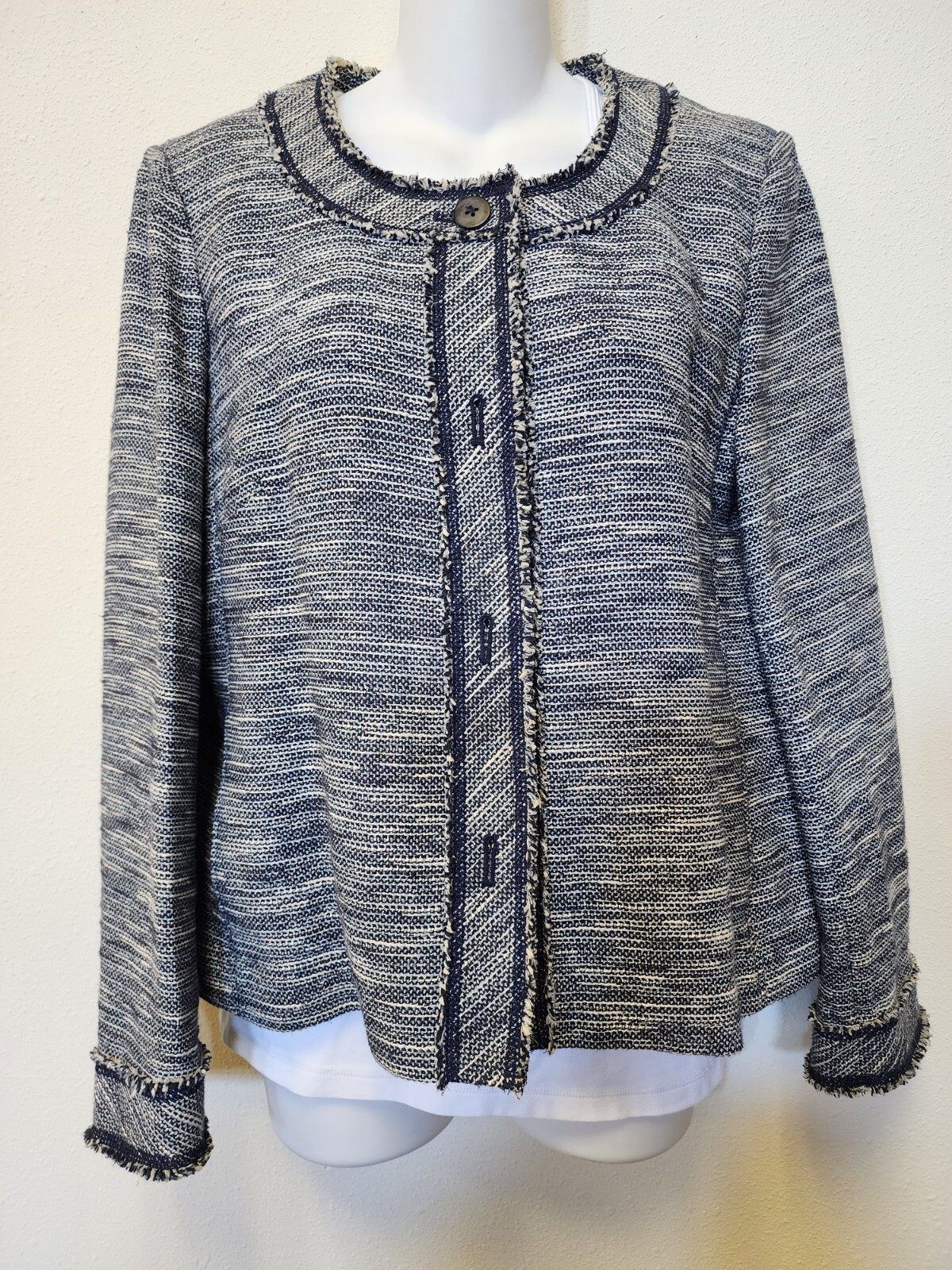 J Jill Women M Blazer Jacket Mock Collar Tweed Knit Full Button Office Pockets