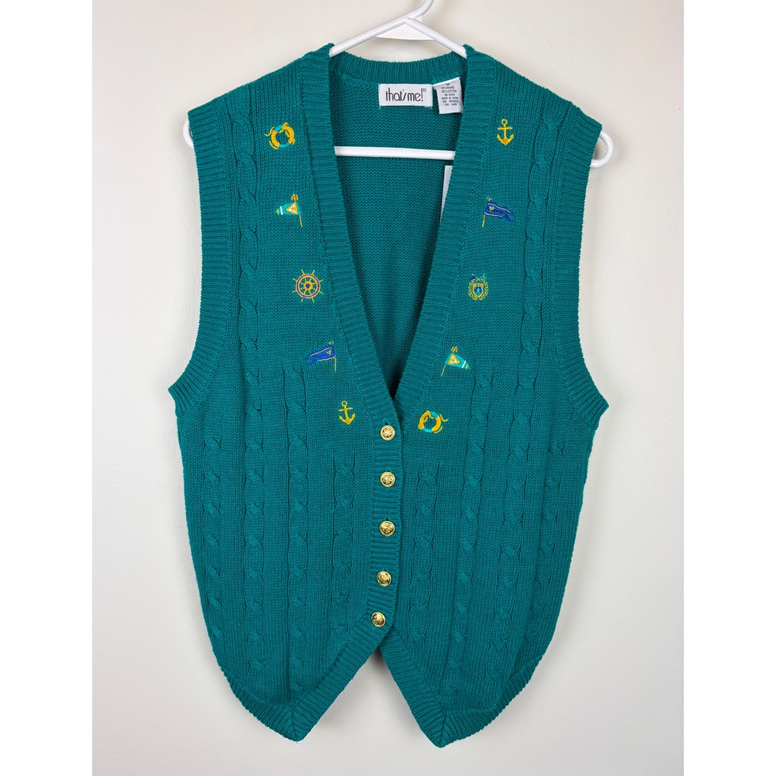 NEW Vintage 90s Thats Me Sweater Vest Medium Teal Nautical Embroider Cable Knit