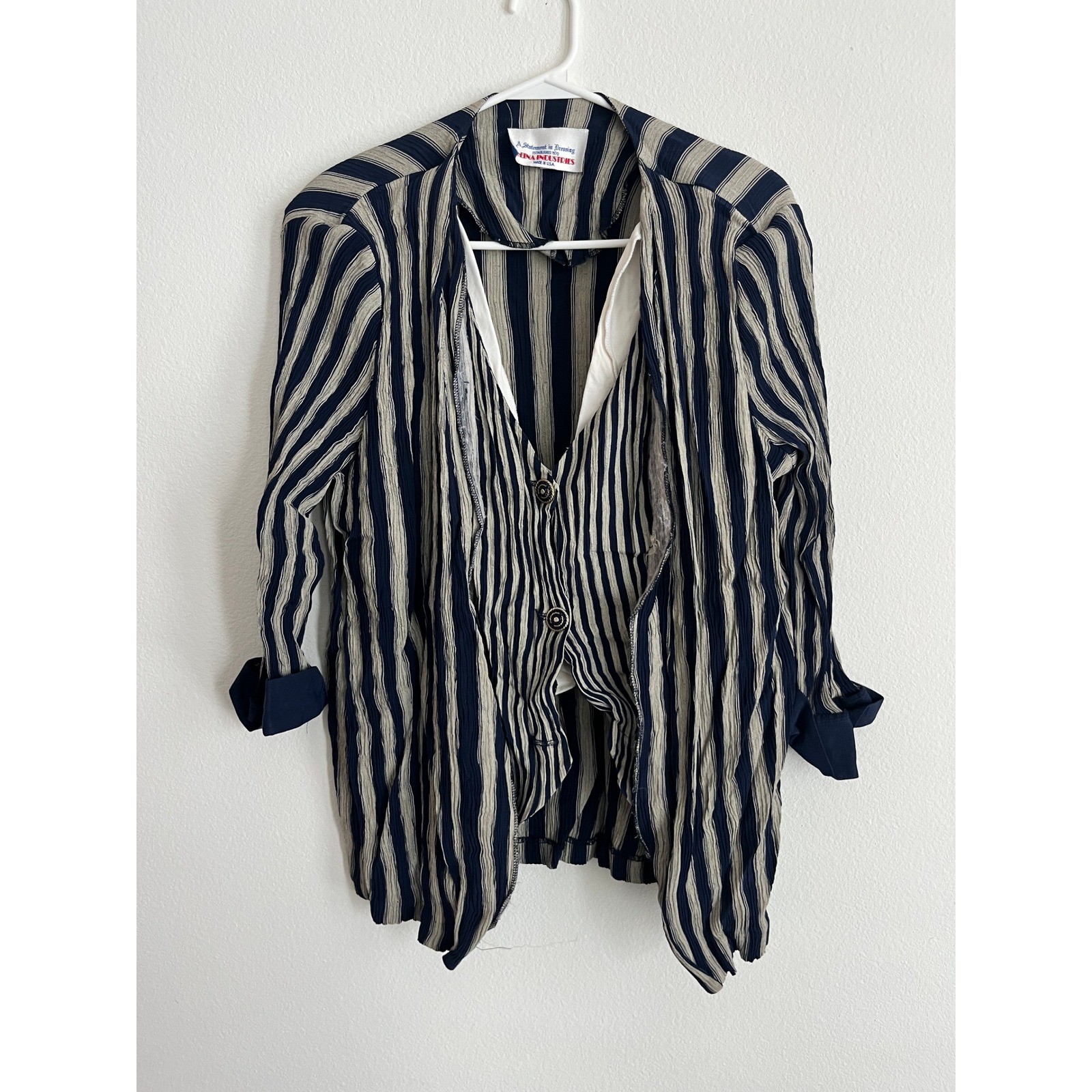 Vintage Gina Industries Striped Cardigan Jacket Navy Tan Textured Made in USA