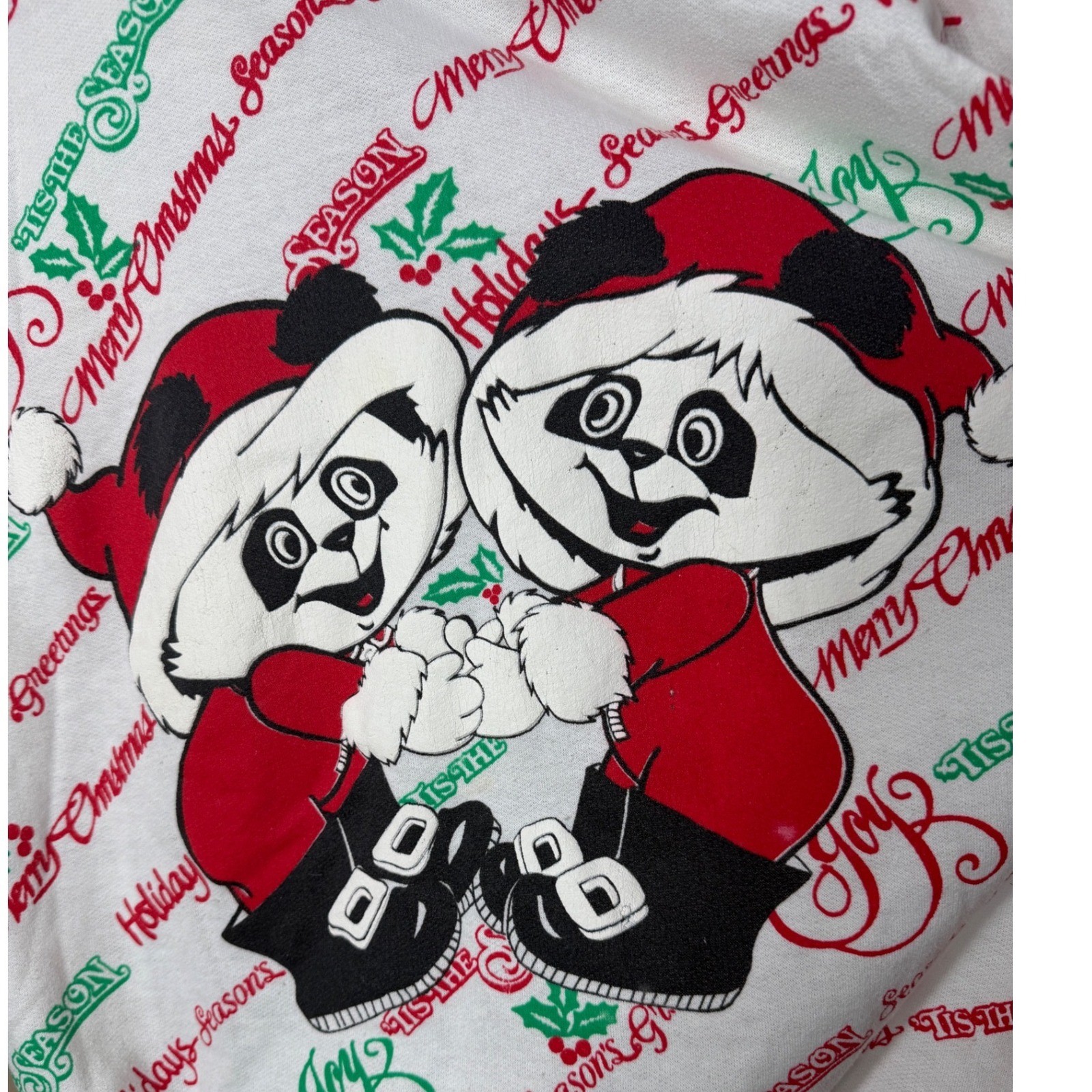 Vintage Christmas Panda Graphic Sweatshirt White Red Green Holiday Pullover L