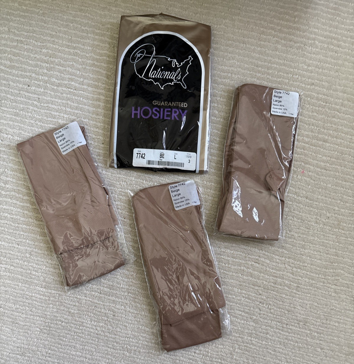National’s Guaranteed Hosiery 7742 Beige Knee High Stockings Sz L 3 Pair NOS