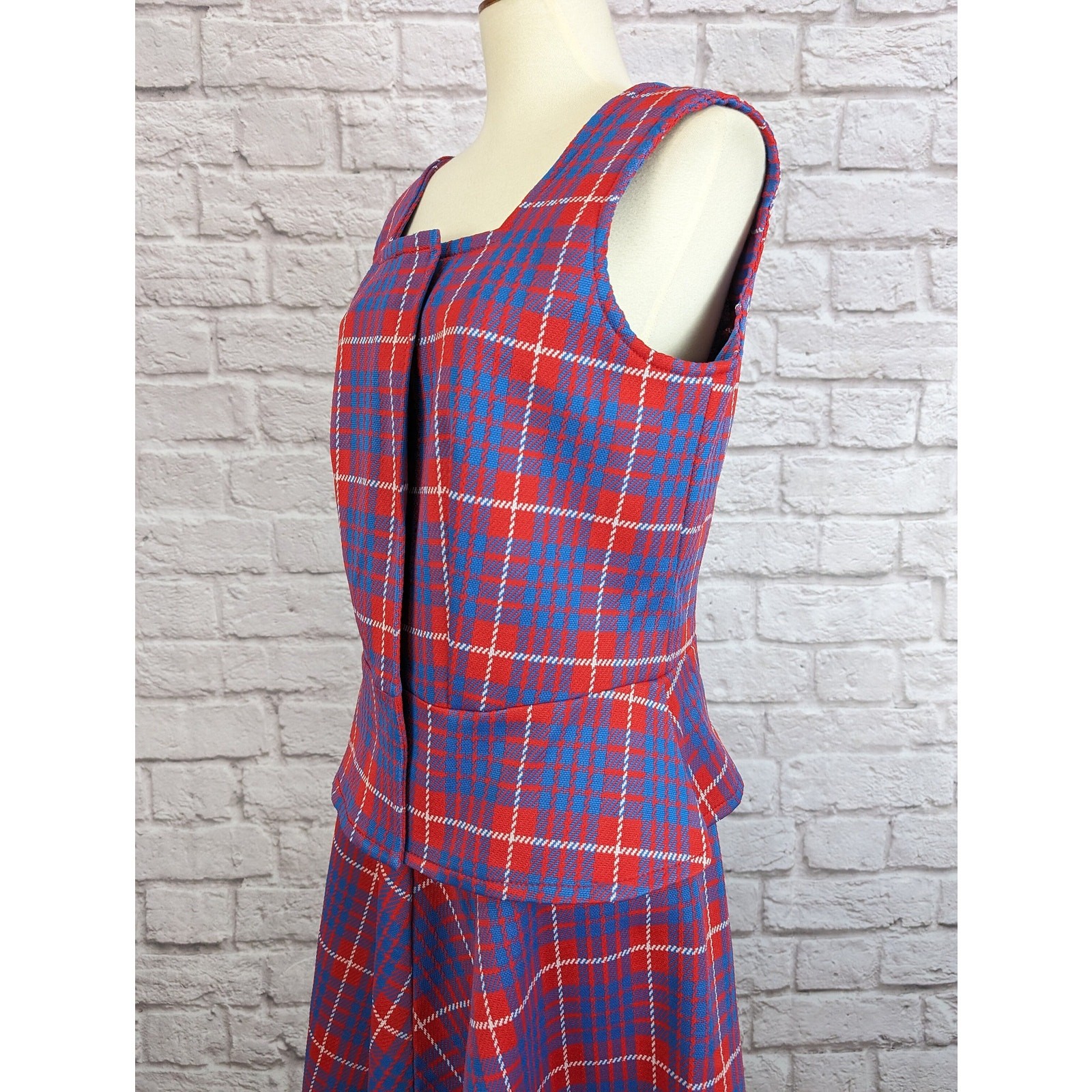 Vintage Mod 2 Piece Plaid Dress Red Blue Plaid Skirt and Vest Shirt Medium Large