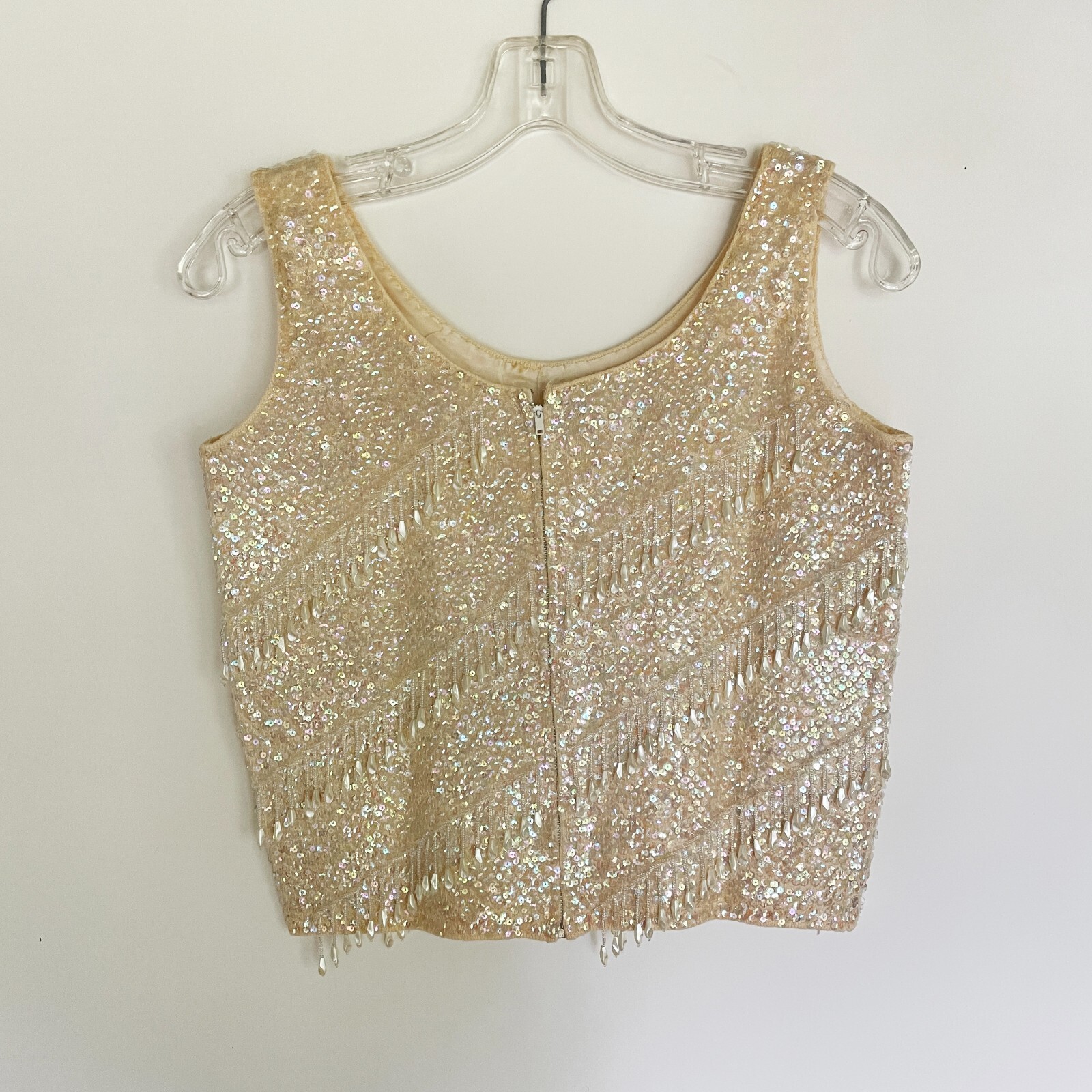 Vintage Sequined Cocktail Tank Top/Shell w/Beaded Tassels – Size SMALL – Ivory