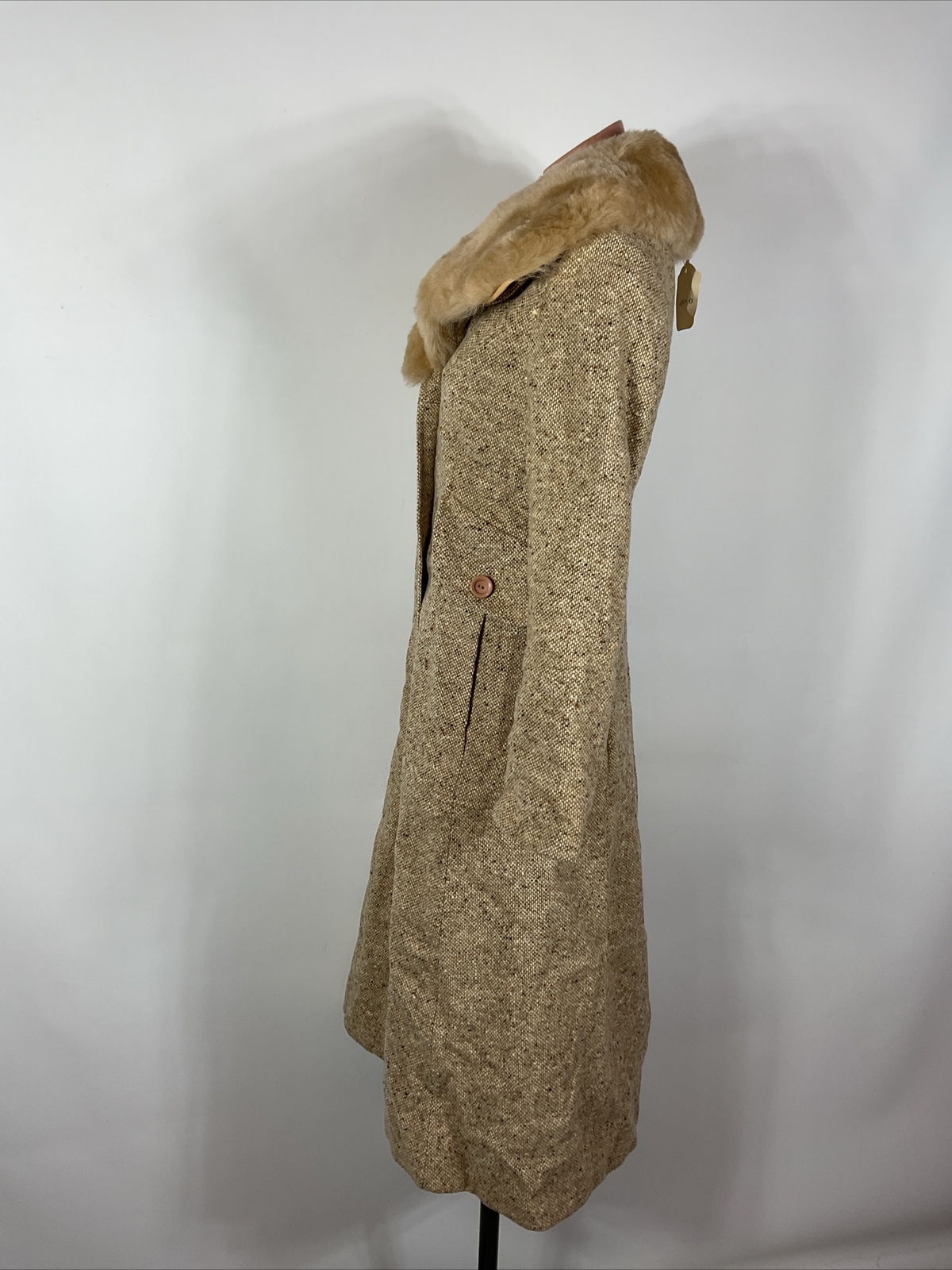 70s VTG Tweed Trench Pea Coat Shearling Lamb Collar Jacket S/M UNION NWT NEW