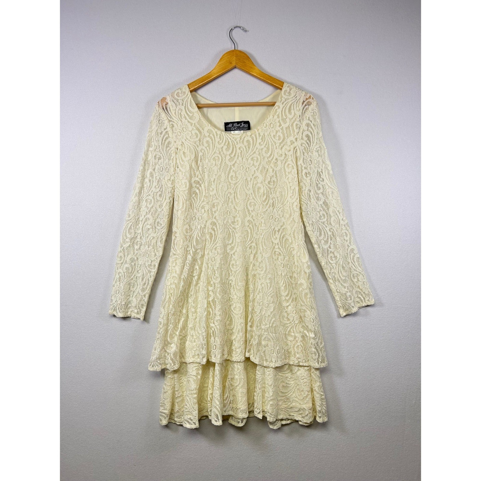 All That Jazz Lace Dress Women 13/14 Cream Ivory Vintage Tiered Long Sleeve