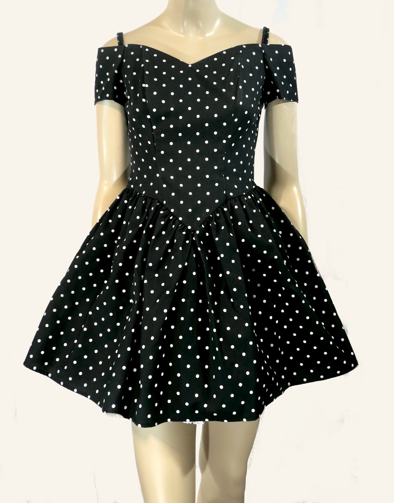 Vintage 80s New Wave Cold Shoulder Crisp Fit Flare Tulle Polka Dot Mini Dress XS