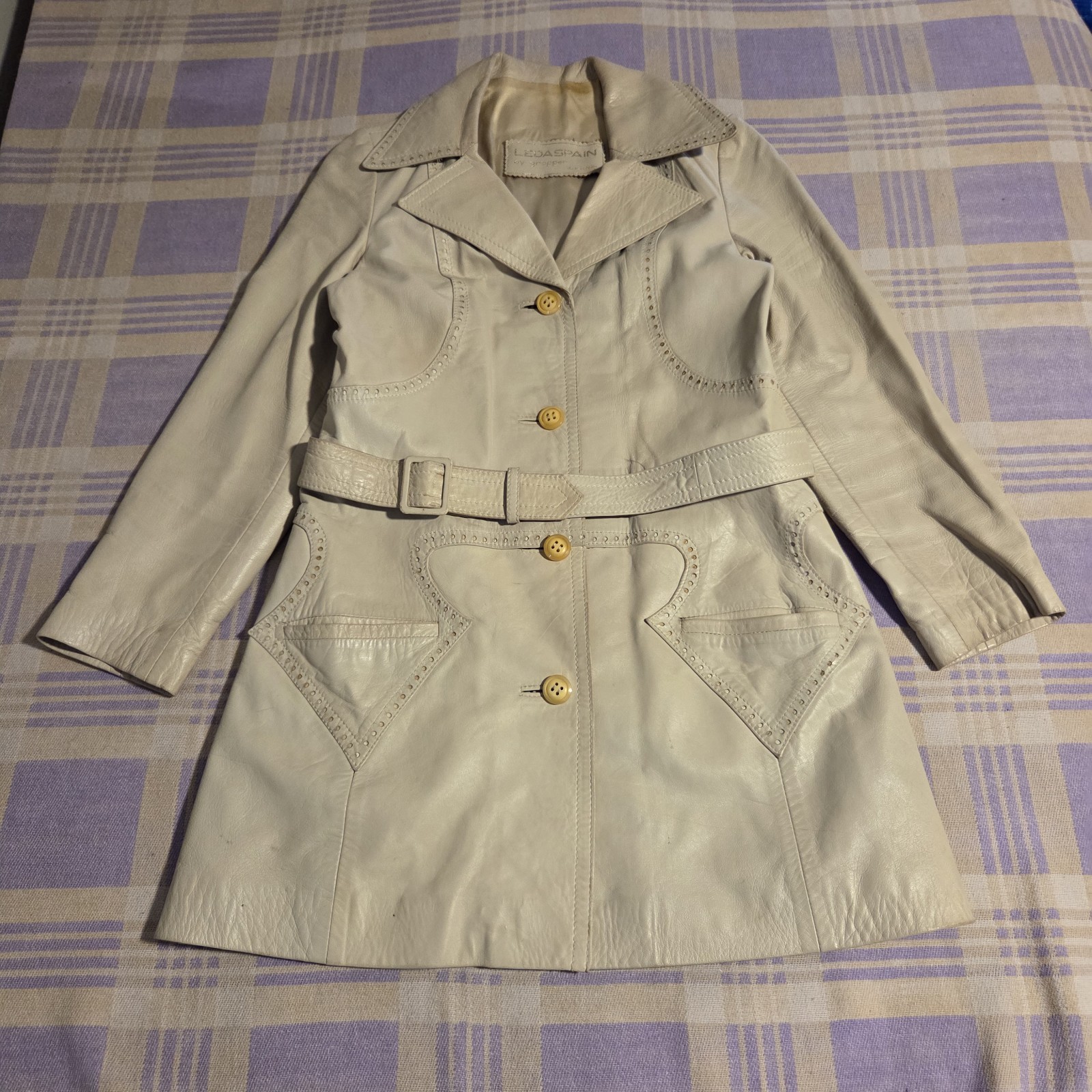 Vintage 70s Leda Spain By Gropper Leather Coat Jacket Size 10 Belted Groovy