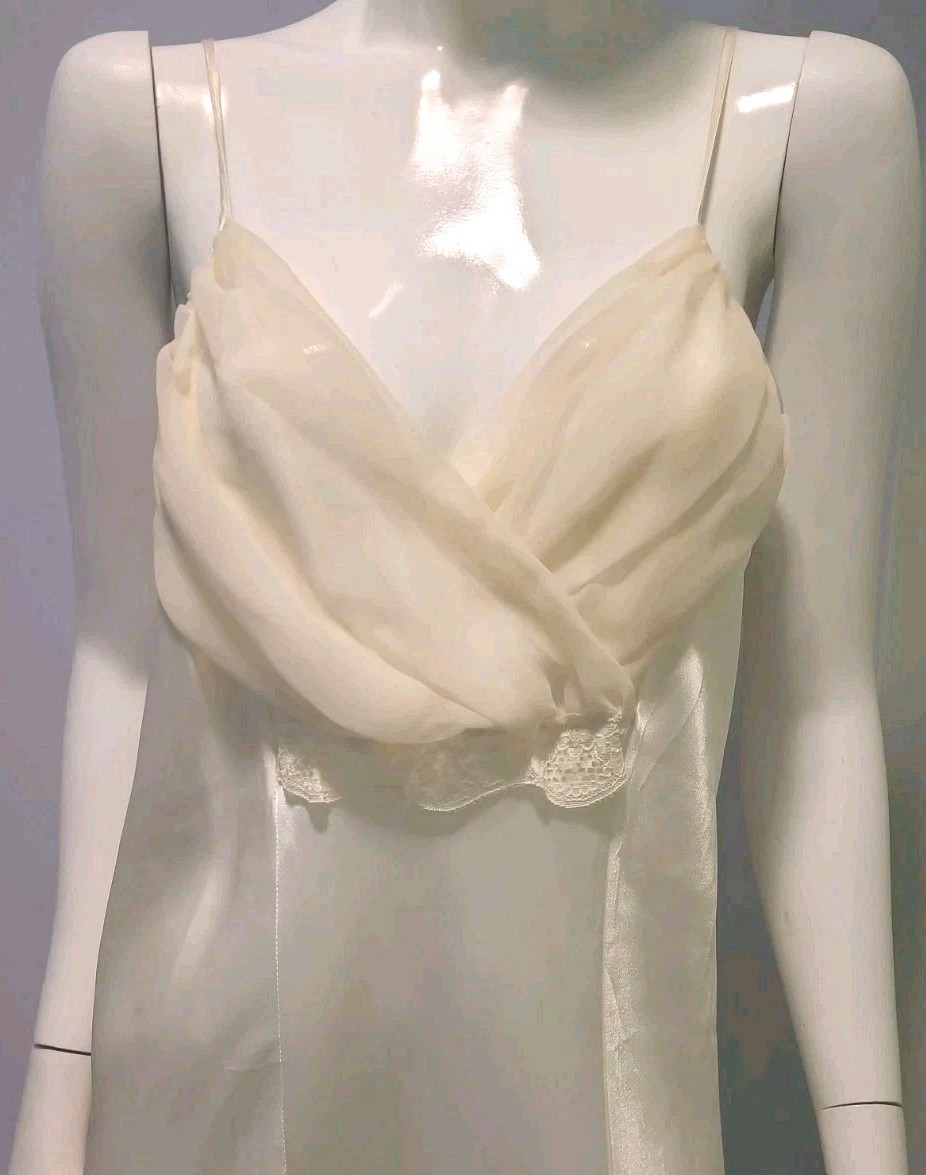VTG Ivory Heavy Satin Slip Dress 18/20 Gown Mesh Lace Slits Old Hollywood Glam