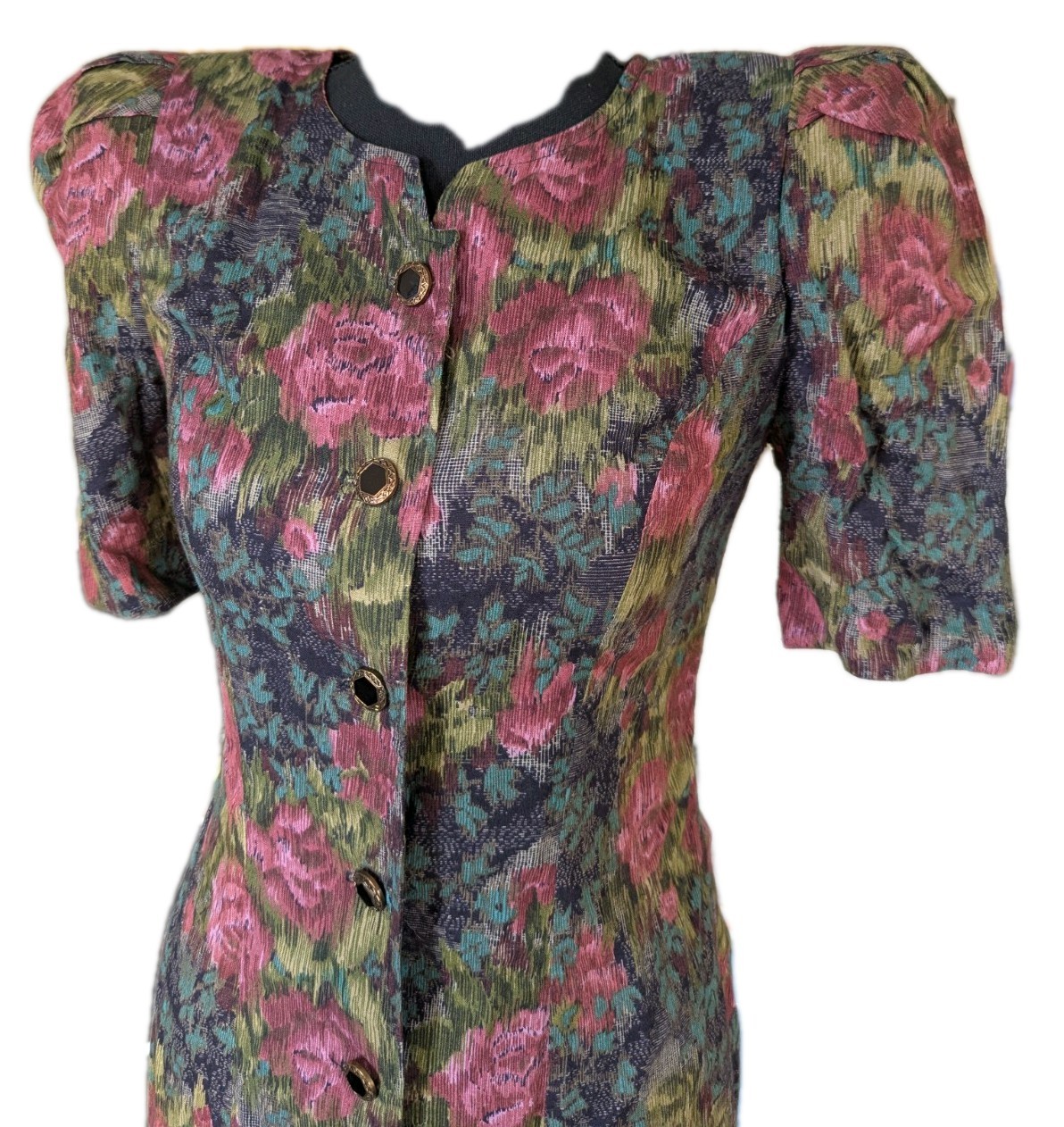 Vintage 80s Floral Button Down Dress W/ Puff Sleeves And Bow On Back Size 2