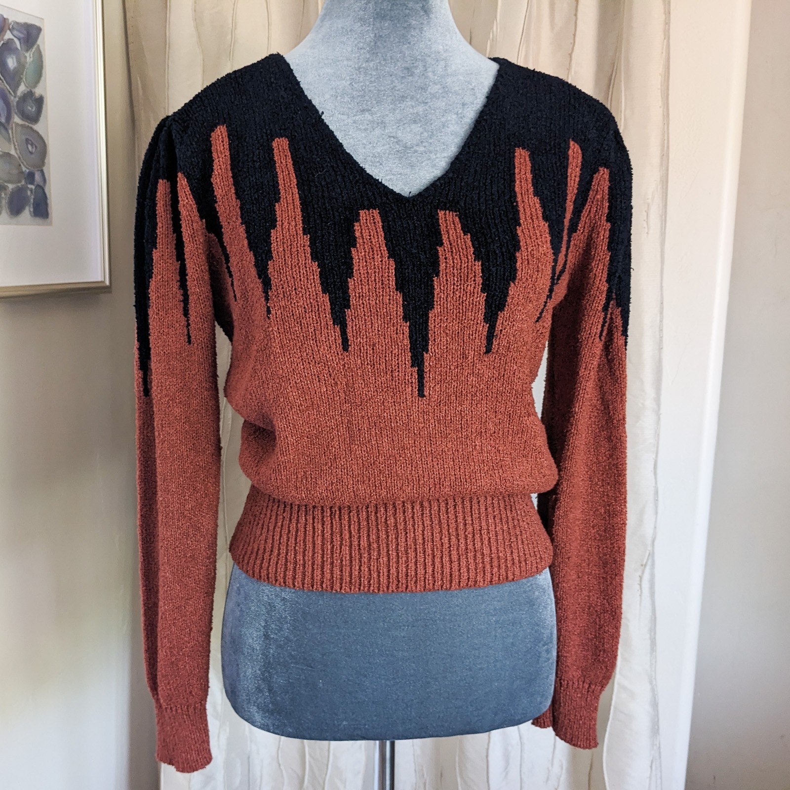 Vintage 80s Chevron Flame Knit Sweater S (Tag M) Rust Brown Black Puff Sleeve