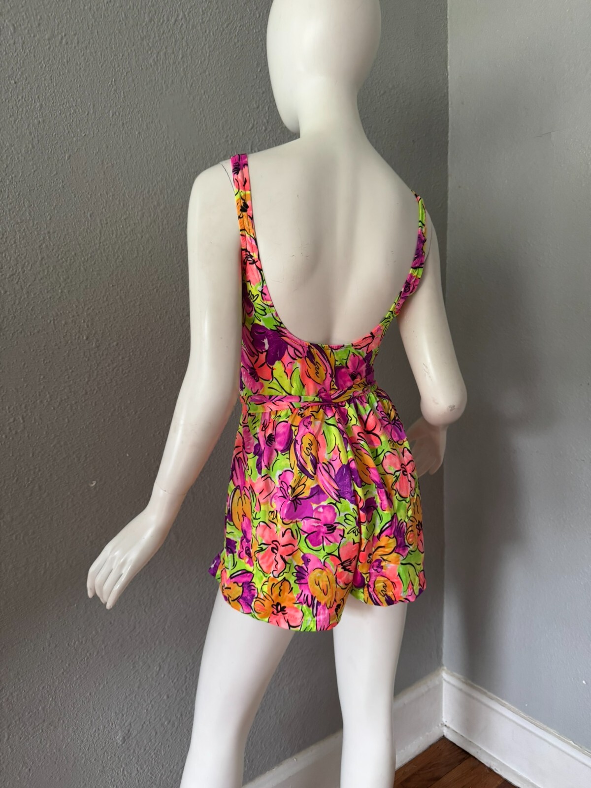 Vintage 80 Neon Colorful Pin Up RETRO Floral Romper Playsuit Swimsuit M