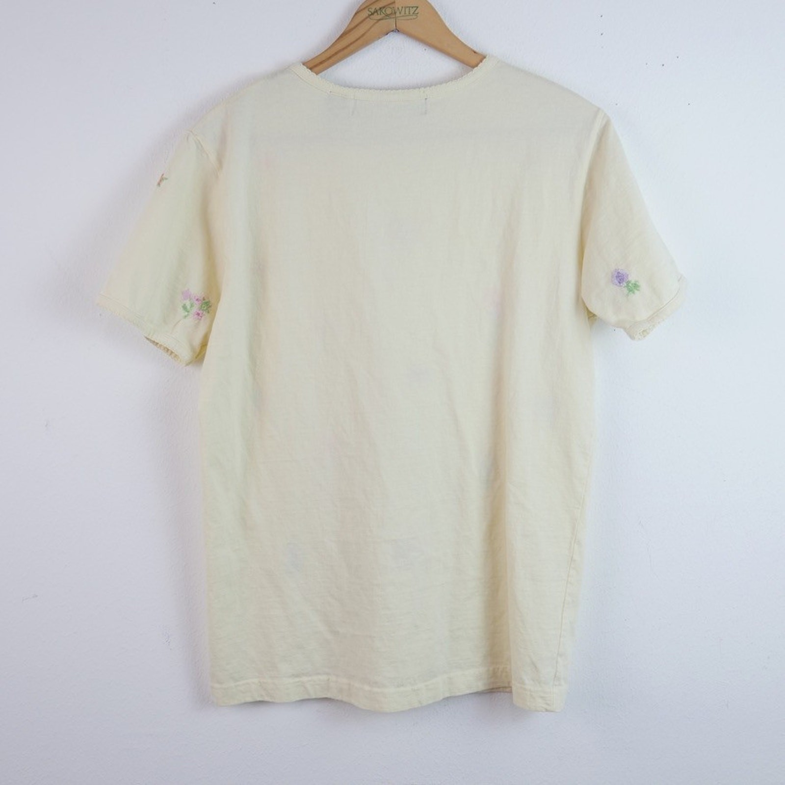 Vintage 90s Butter Yellow T Shirt Floral Embroidered Handmade Grandma Core Small