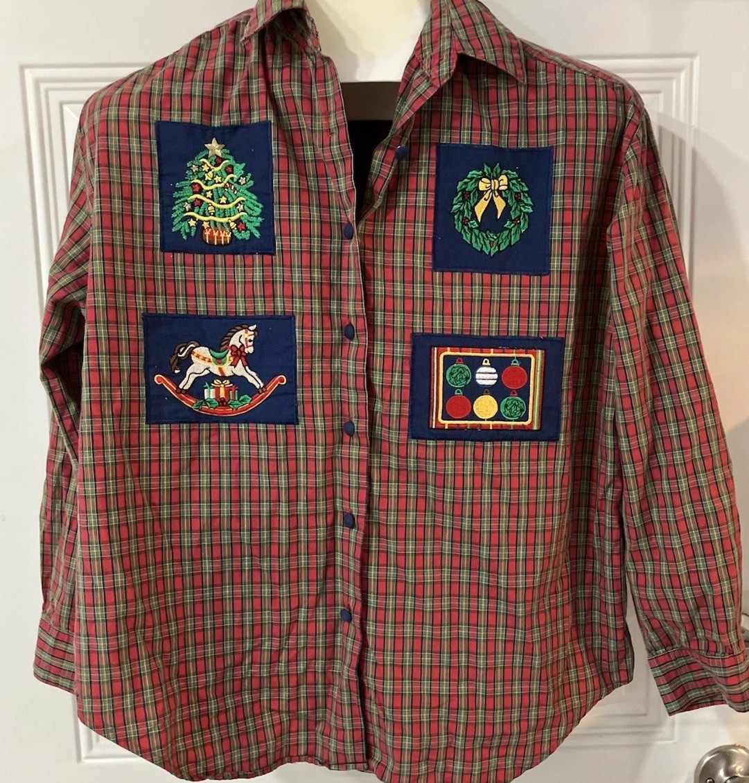 Women’s Vintage Christmas Plaid, Collard Button Up Shirt Patchwork 80S 90S Mom B