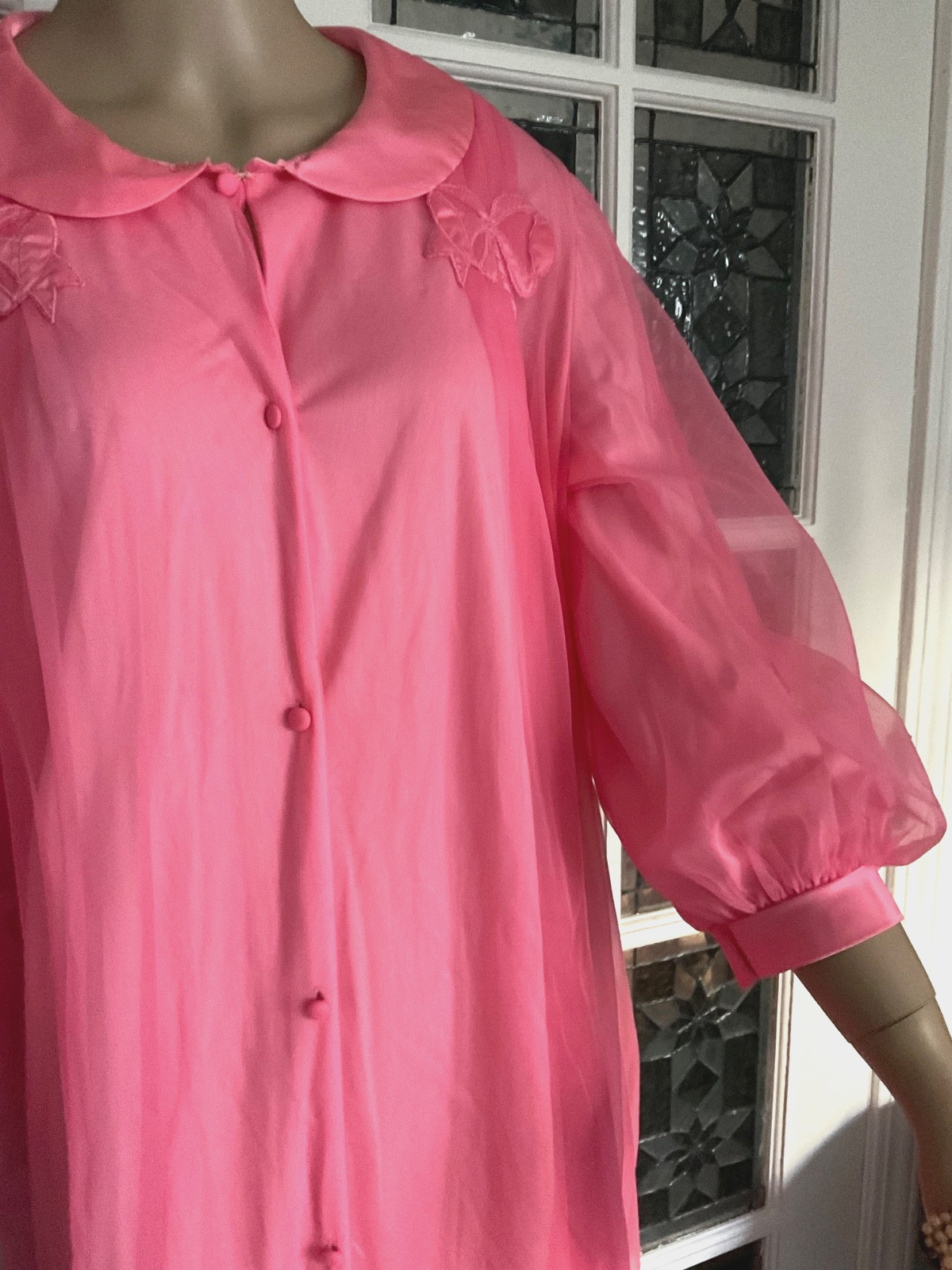Vintage Robe Dressing Gown Double Layer Sheer Pink Nylon Chiffon Peignoir Robe M