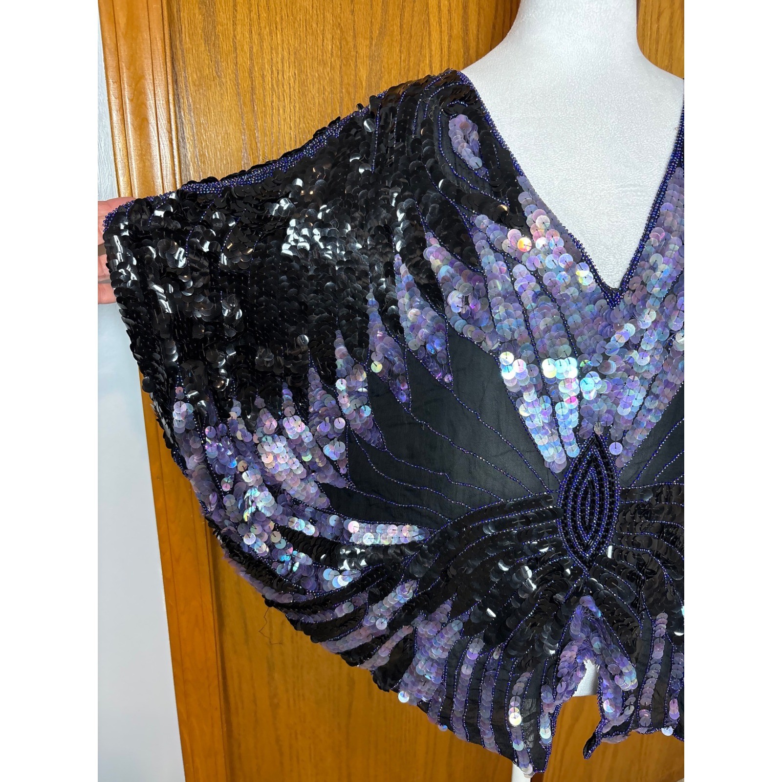 Shomax Vintage Silk Sequin Butterfly Top Iridescent Purple Beaded Batwing Blouse