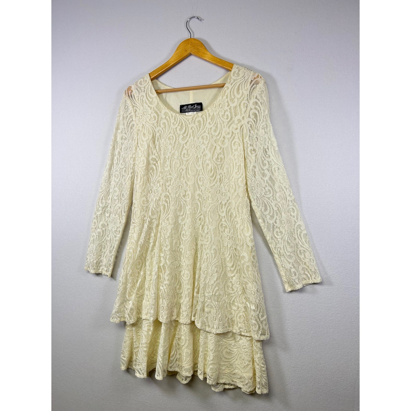 All That Jazz Lace Dress Women 13/14 Cream Ivory Vintage Tiered Long Sleeve