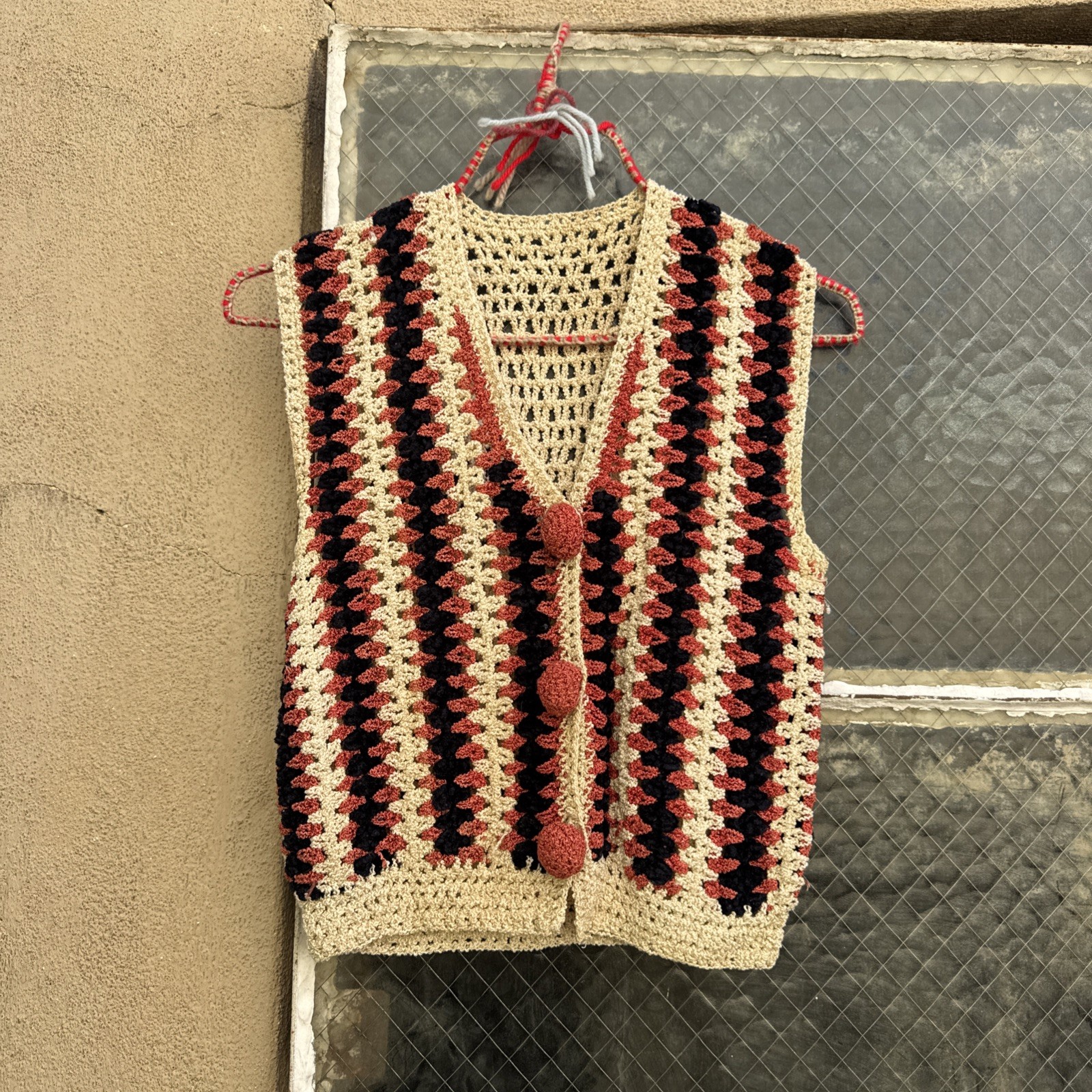 Vintage 1930s Orange Black &White Crochet Sweater Vest Chenille Rayon Deco Knit